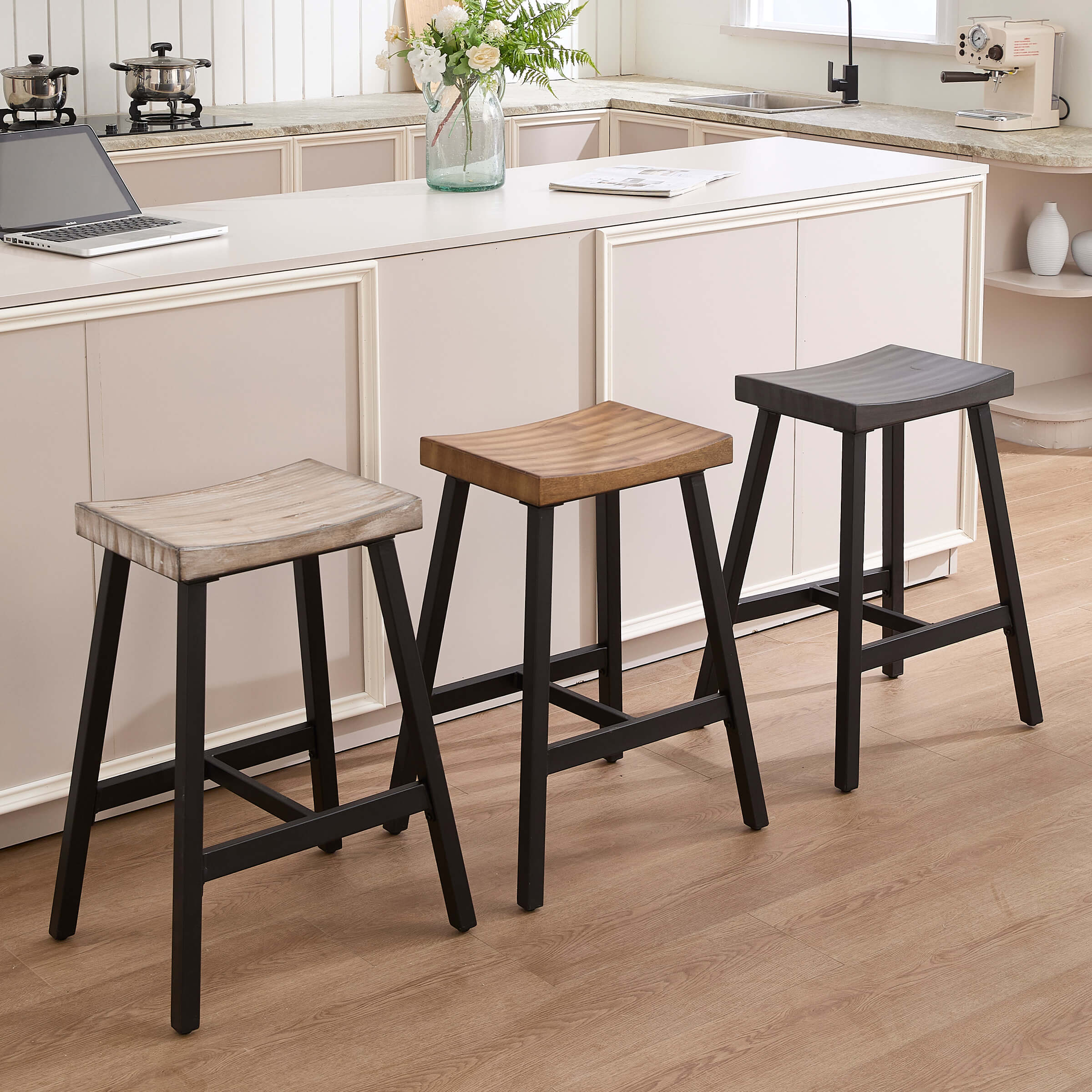 ROCITY Industrial Vintage Saddle Seat Backless Counter Stools Set of 4 - 0519CS