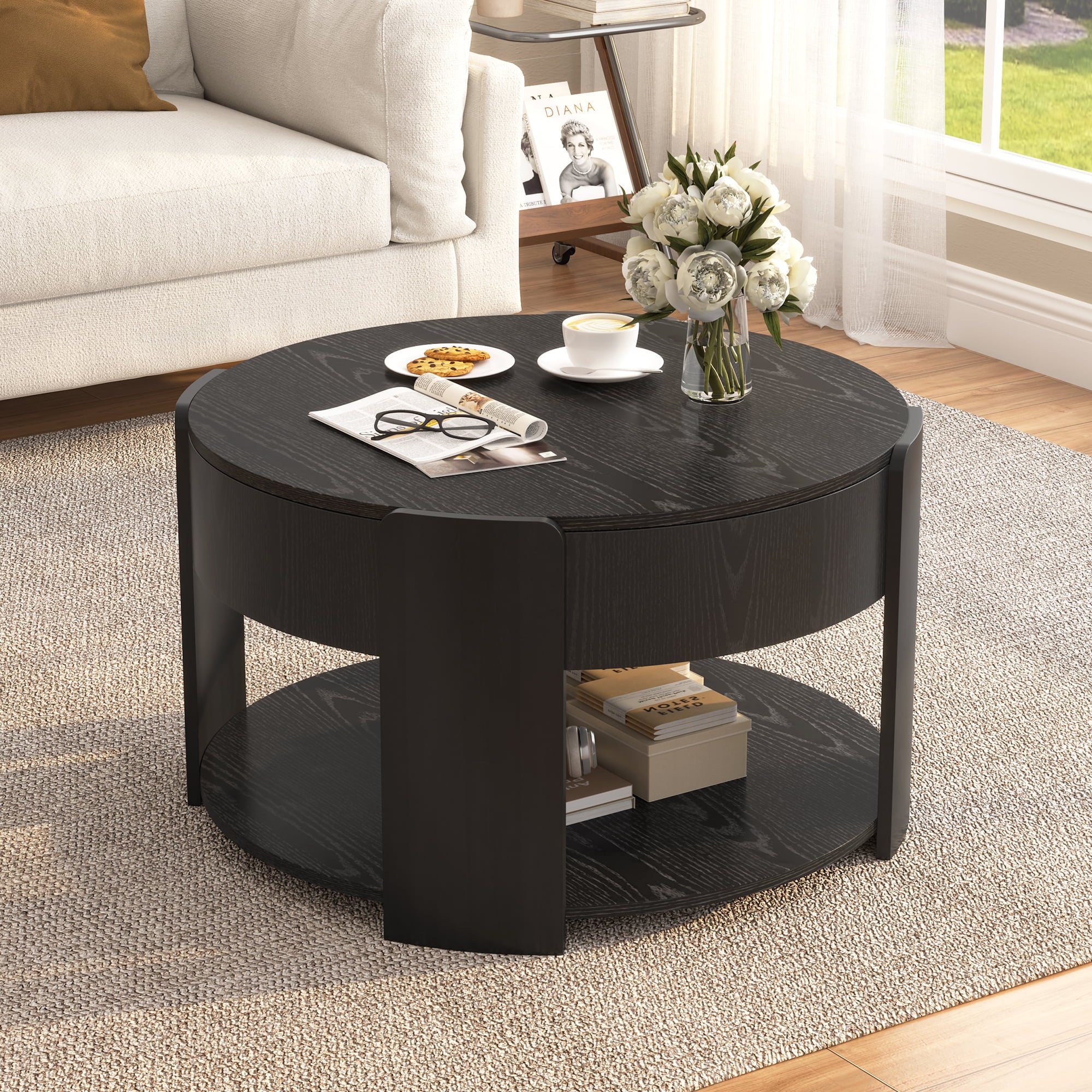 32.5" Modern Farmhouse Round Lift Top Coffee Table with Storage
