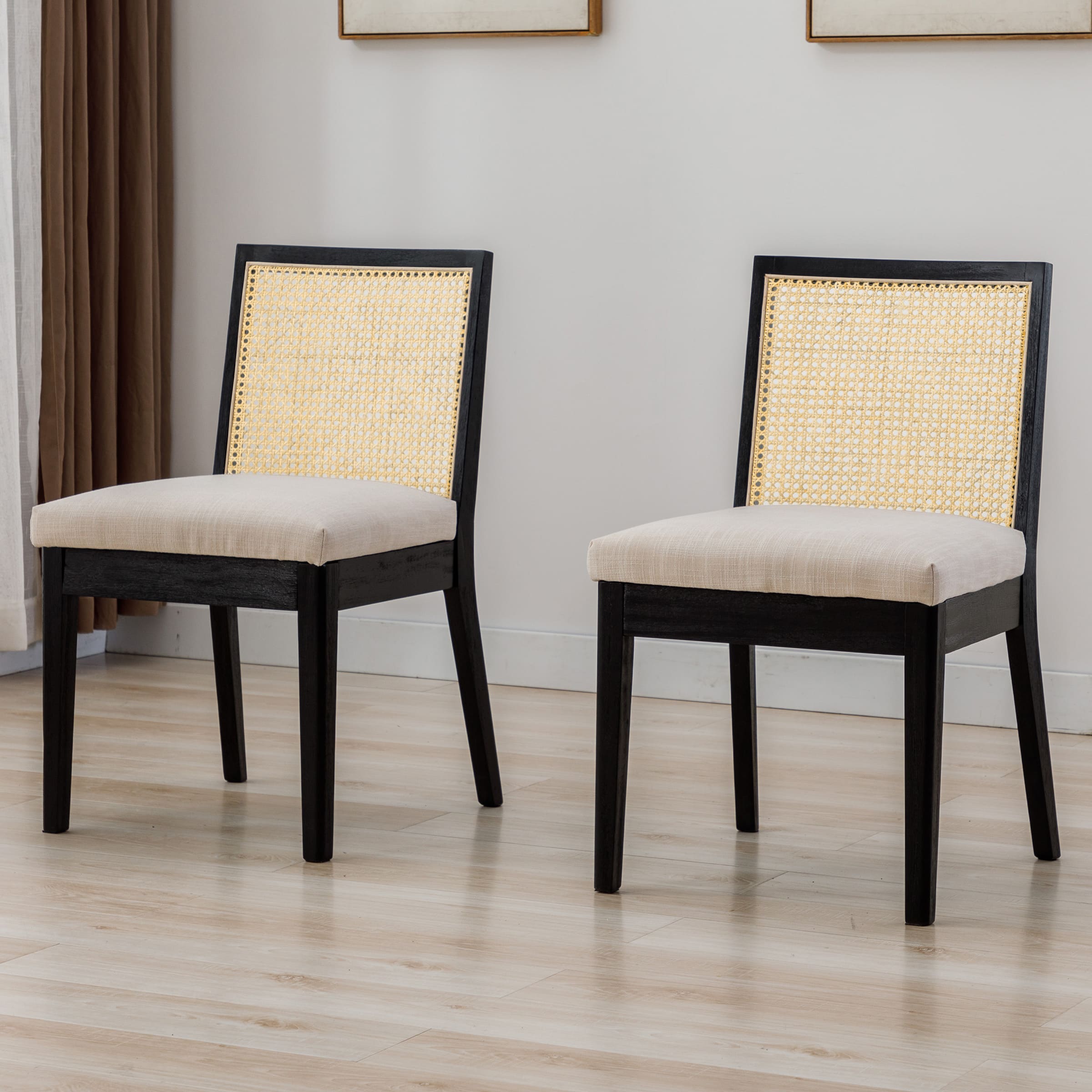 Square Rattan Back Linen Beige Dining Chairs Set of 2 - 1932DC