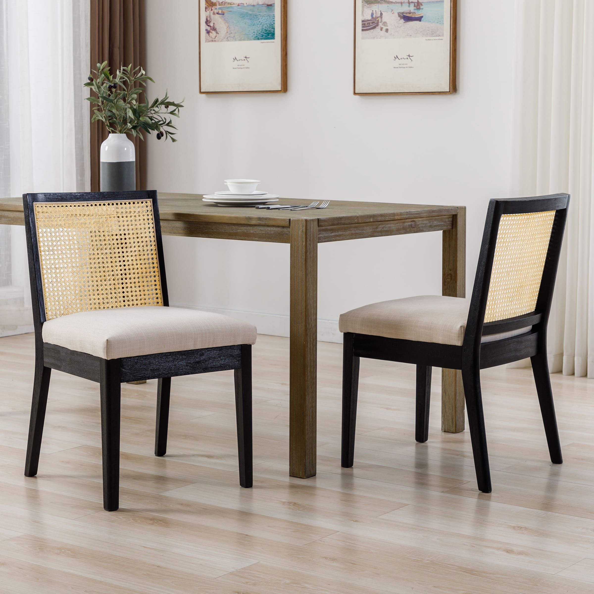 Square Rattan Back Linen Beige Dining Chairs Set of 2 - 1932DC