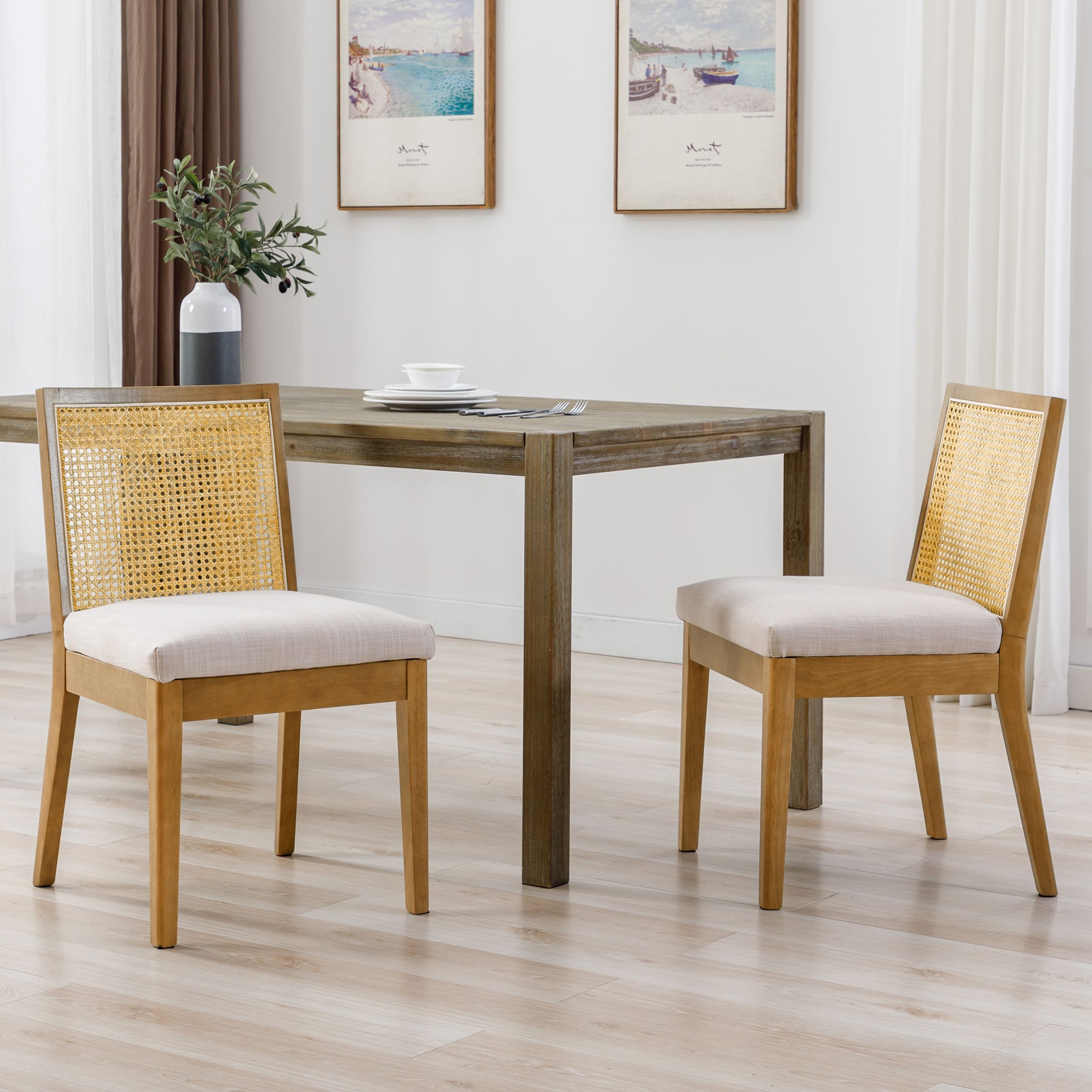 Square Rattan Back Linen Beige Dining Chairs Set of 2 - 1932DC