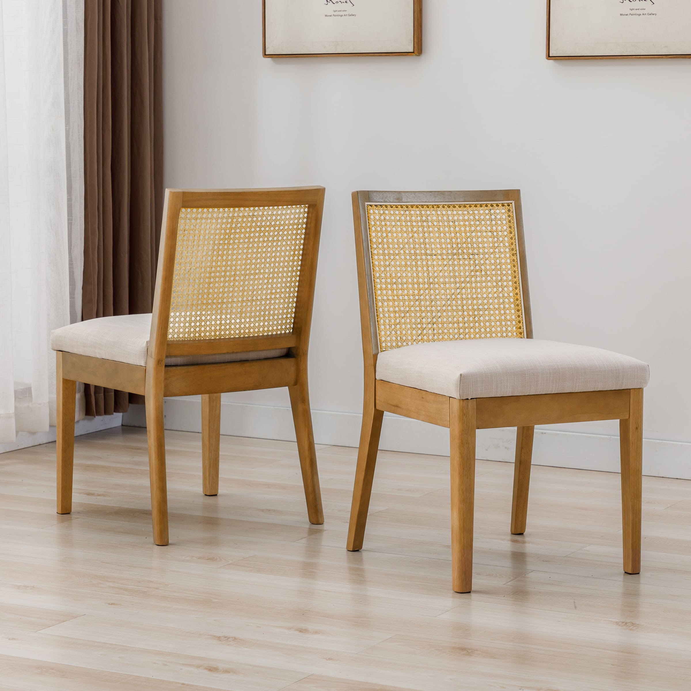 Square Rattan Back Linen Beige Dining Chairs Set of 2 - 1932DC