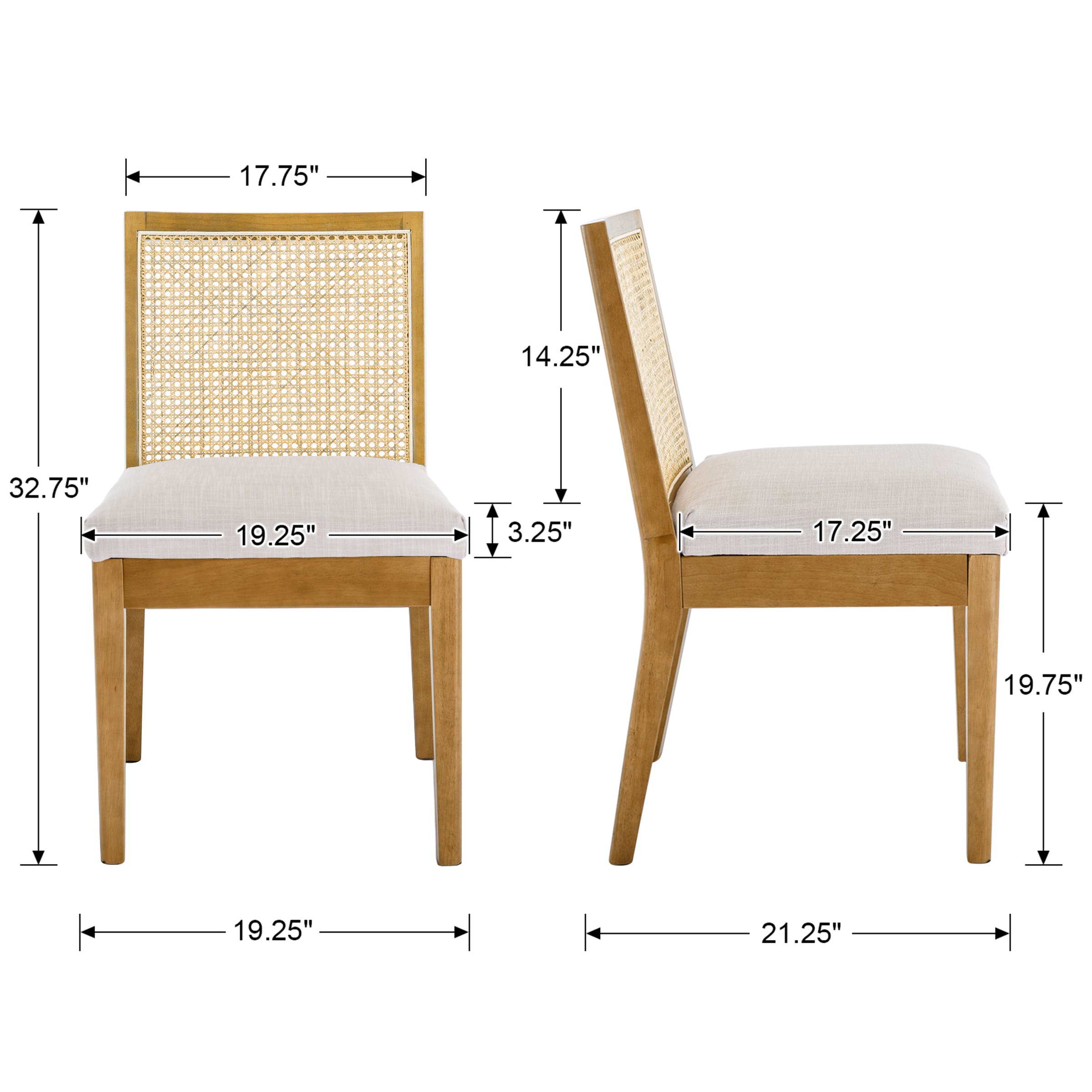 Square Rattan Back Linen Beige Dining Chairs Set of 2 - 1932DC