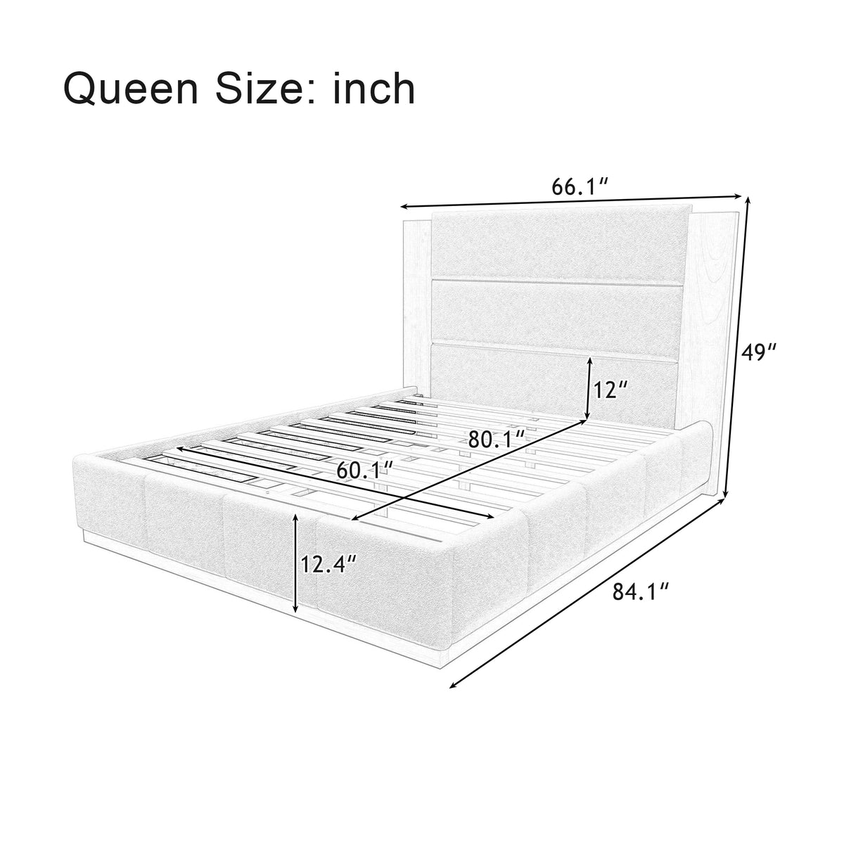 White Boucle Platform Bed Frame with Extended Wood Headboard