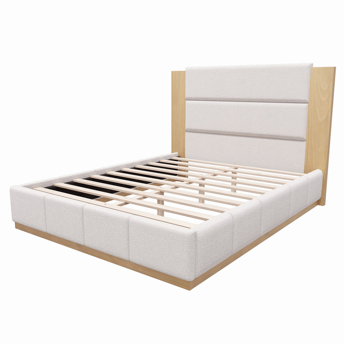 White Boucle Platform Bed Frame with Extended Wood Headboard