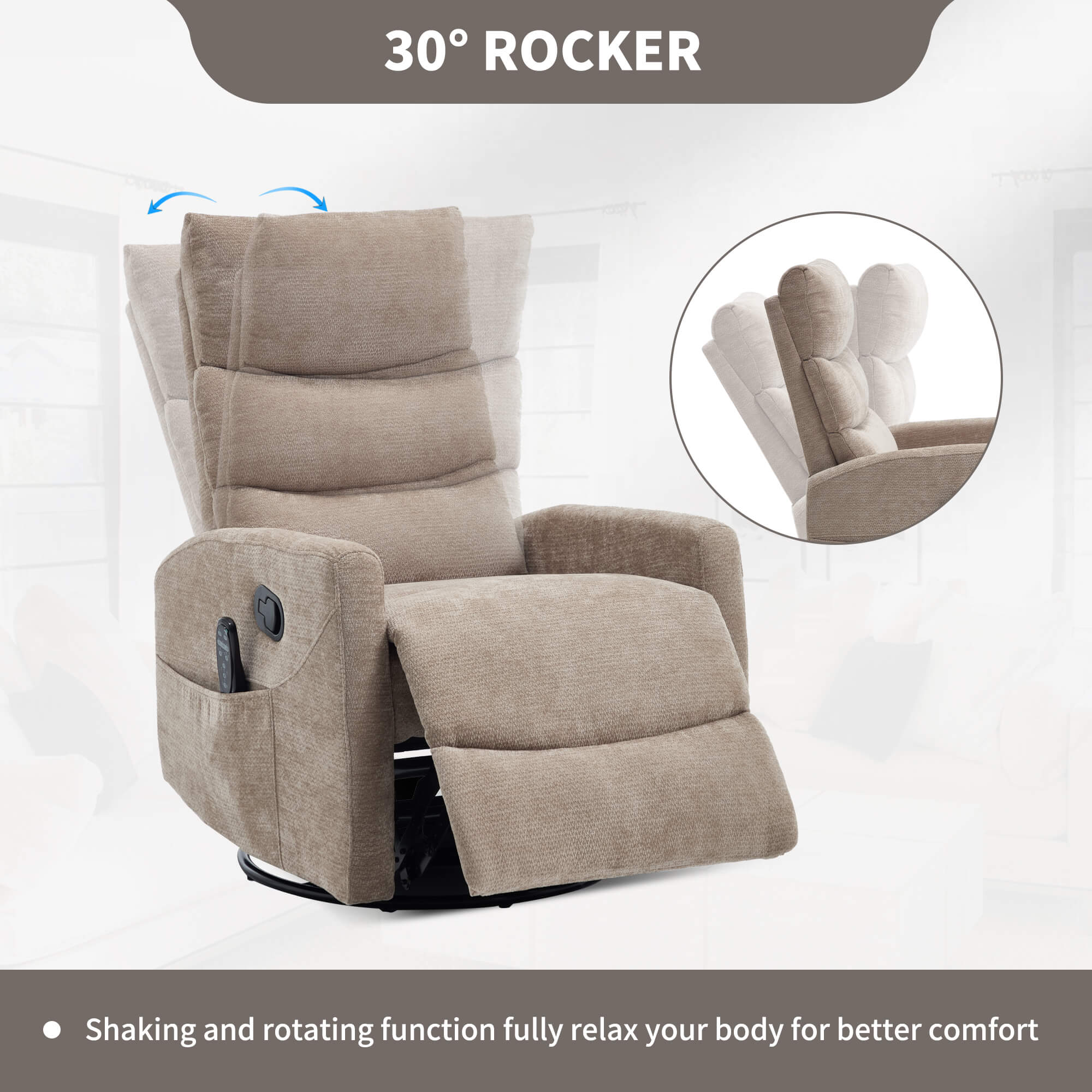Modern Chenille Heat Massage Rocker Swivel Recliner Chair