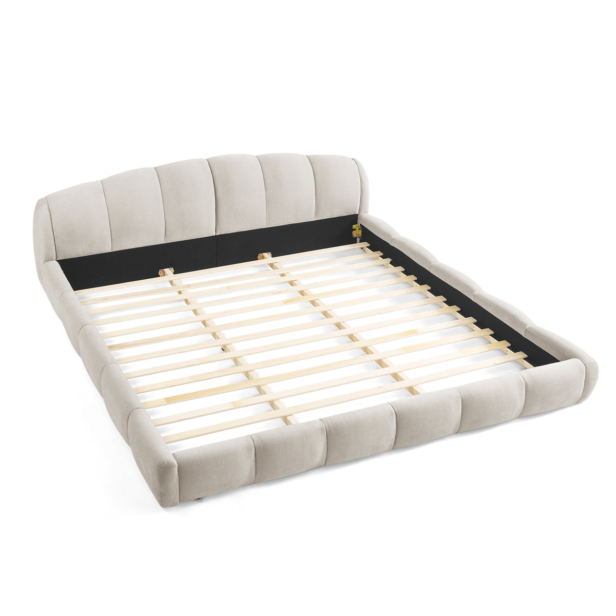 Beige Chenille Upholstered Low Profile Platform Bed Frame