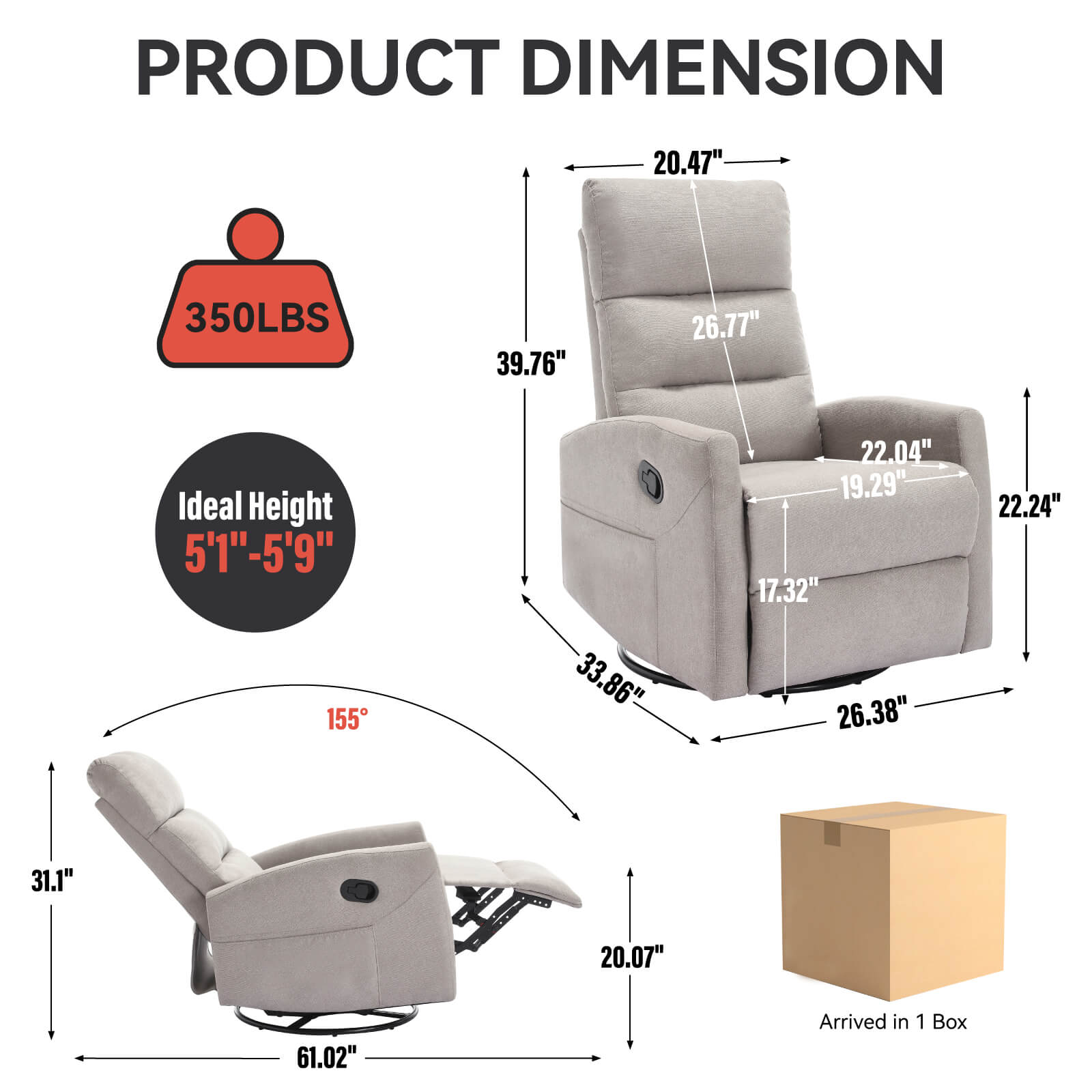 Modern Polyester Fabric Manual 360 Swivel Rocker Recliner Chair