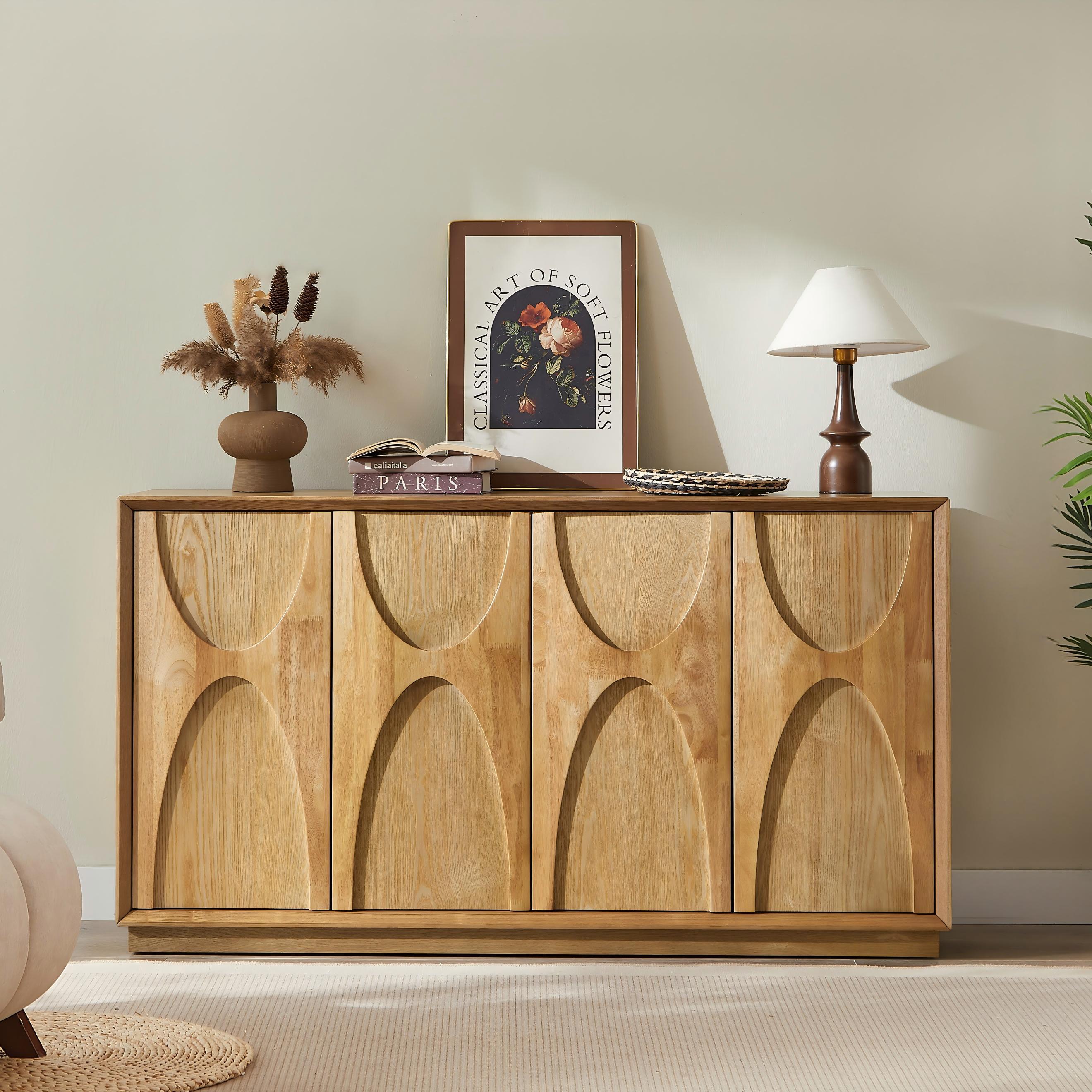 4-Door Carved Wood Push-to-Open Storage Sideboard Cabinet