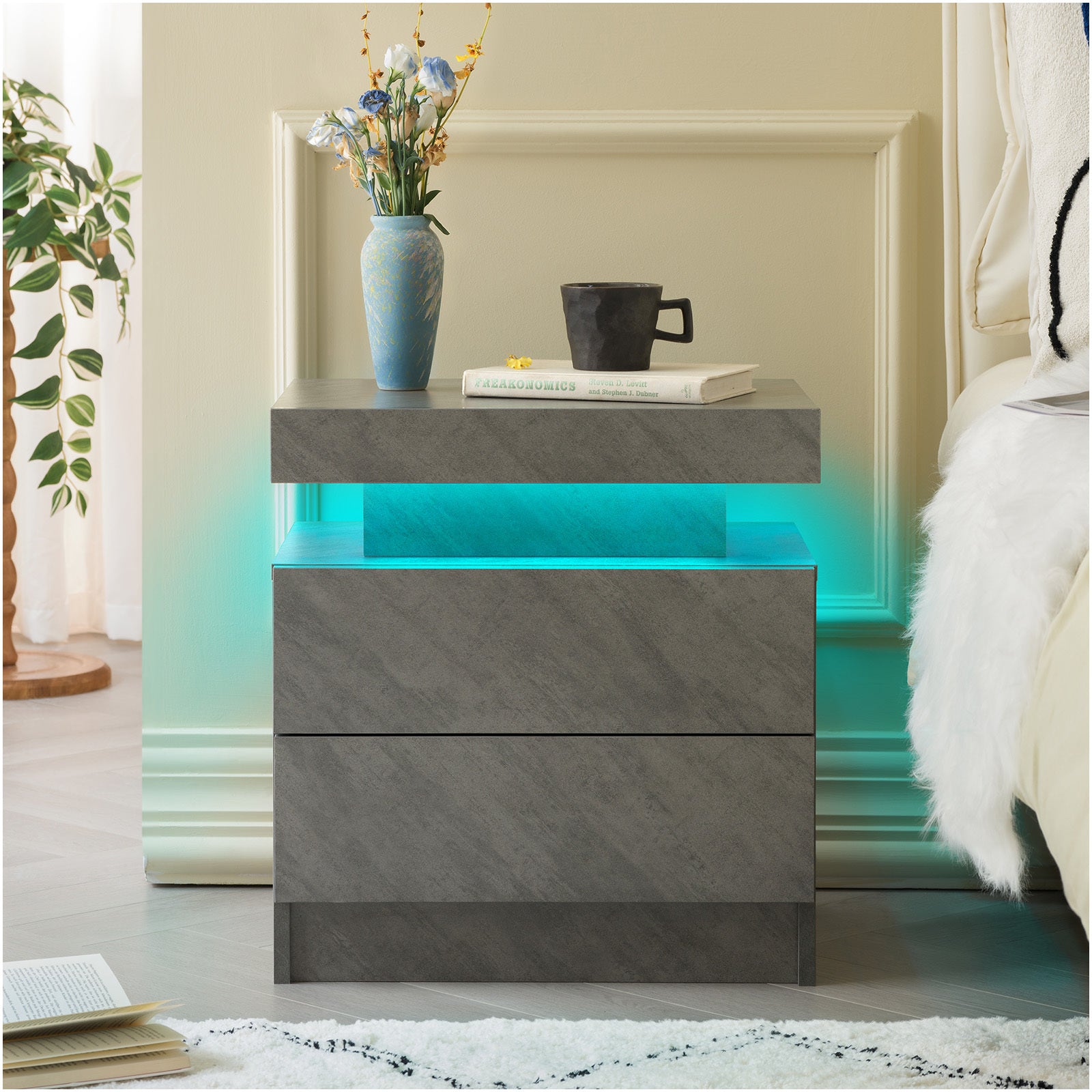 Modern LED Nightstand Bedside Table with 2 Drawers