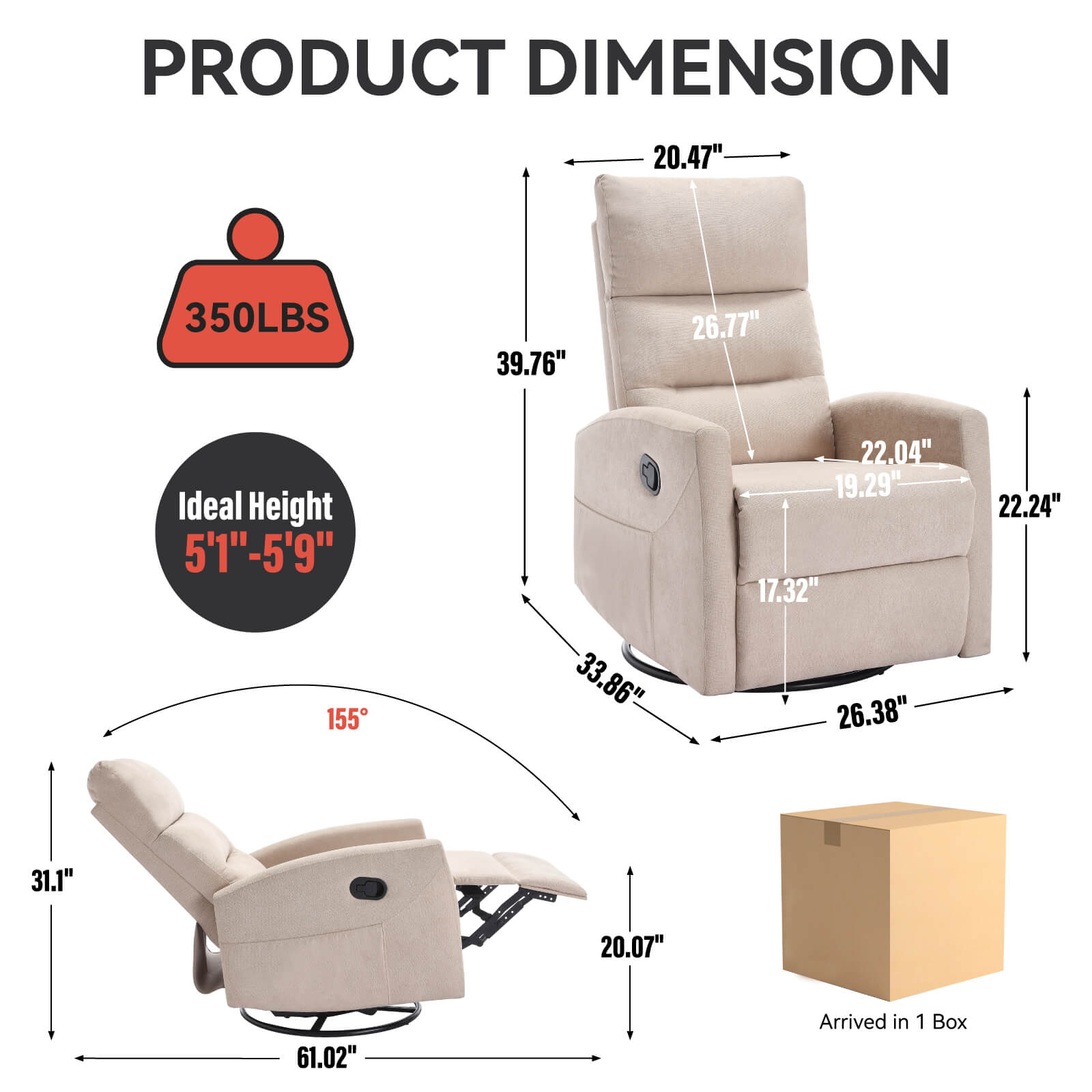 Modern Polyester Fabric Manual 360 Swivel Rocker Recliner Chair