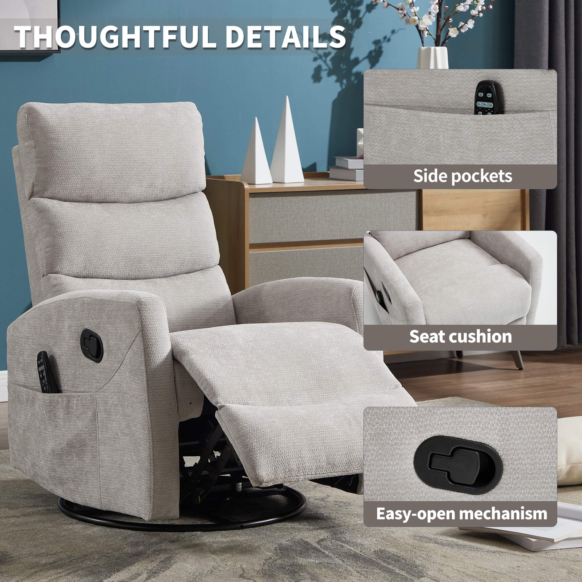 Modern Chenille Heat Massage Rocker Swivel Recliner Chair
