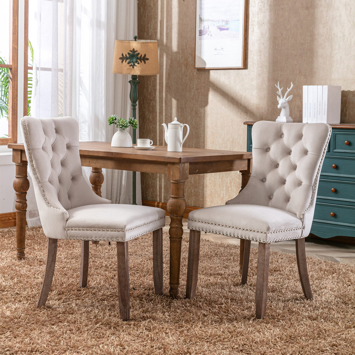 Tufted Upholstered Dining Chairs with Nailhead Trim Set of 2