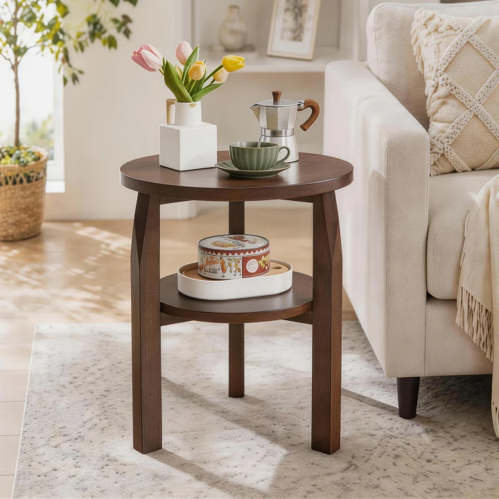 19" Round Solid Wood Side Table with 2-Tier Storage