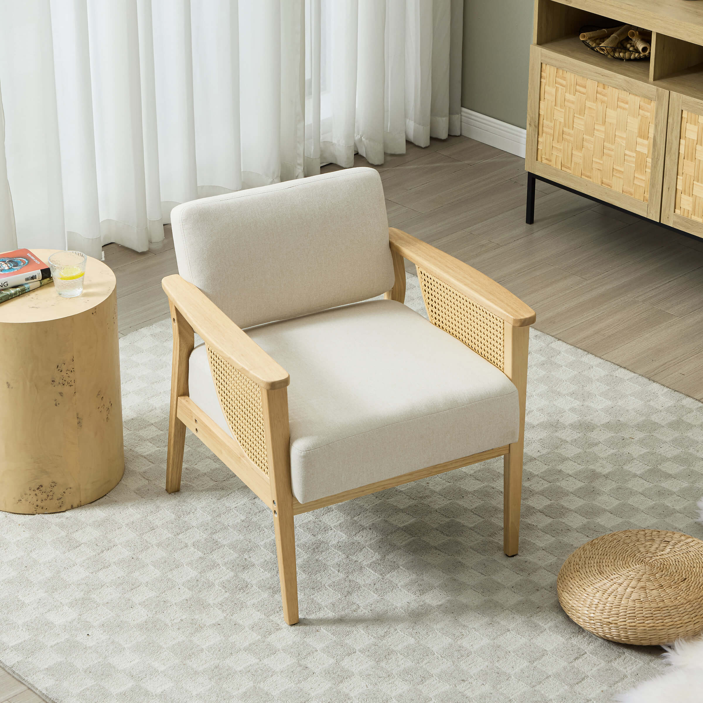 Mid Century Accent Chair with Rattan Armchair - 555AC