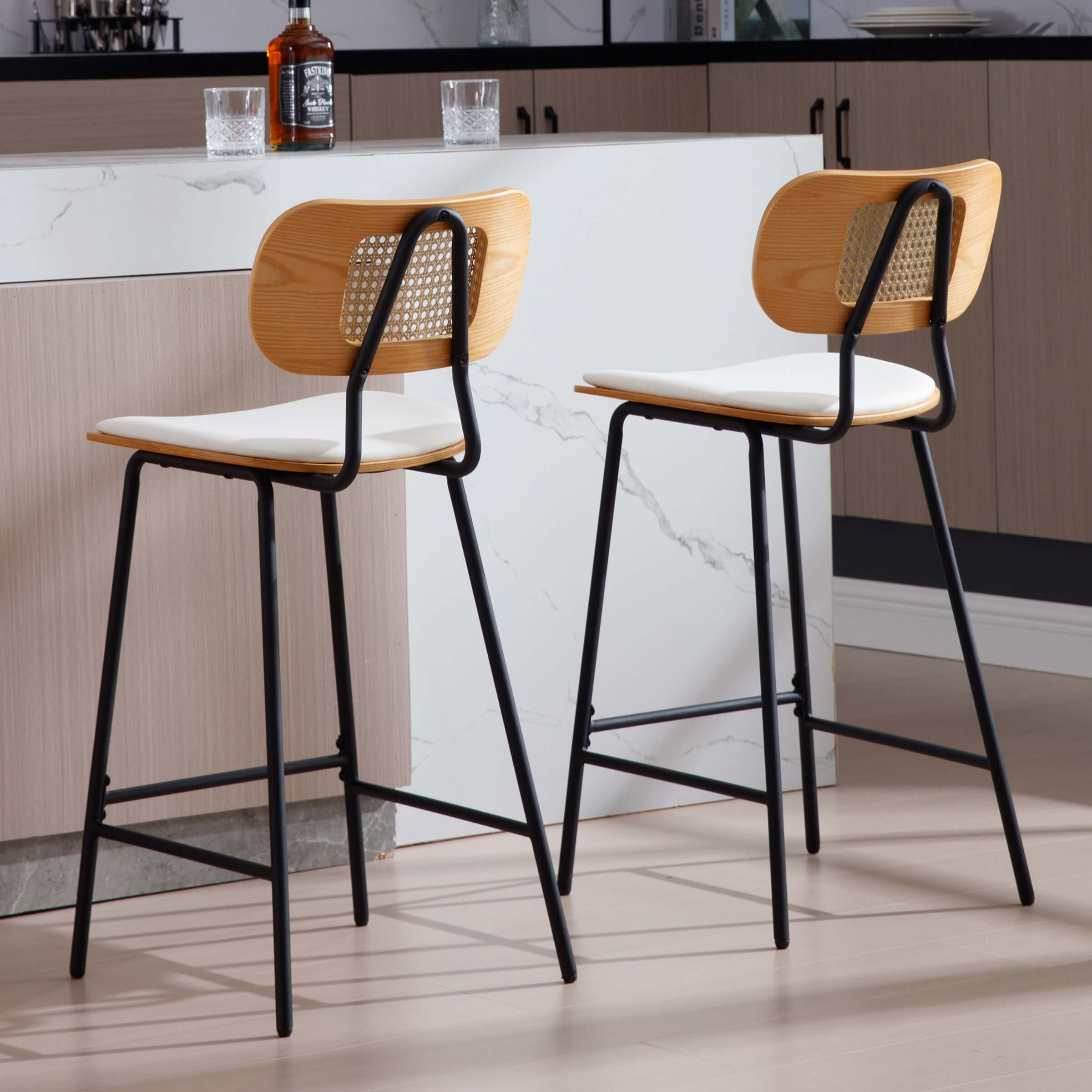 CIMOTA Vintage Rattan Back Counter Stools Set of 2 - 790CS