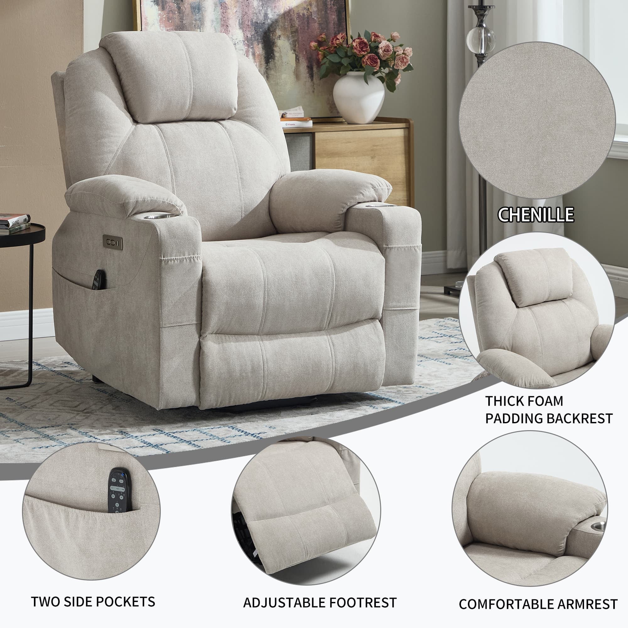 Power Lift Electric Massage Heat USB Recliner Chair