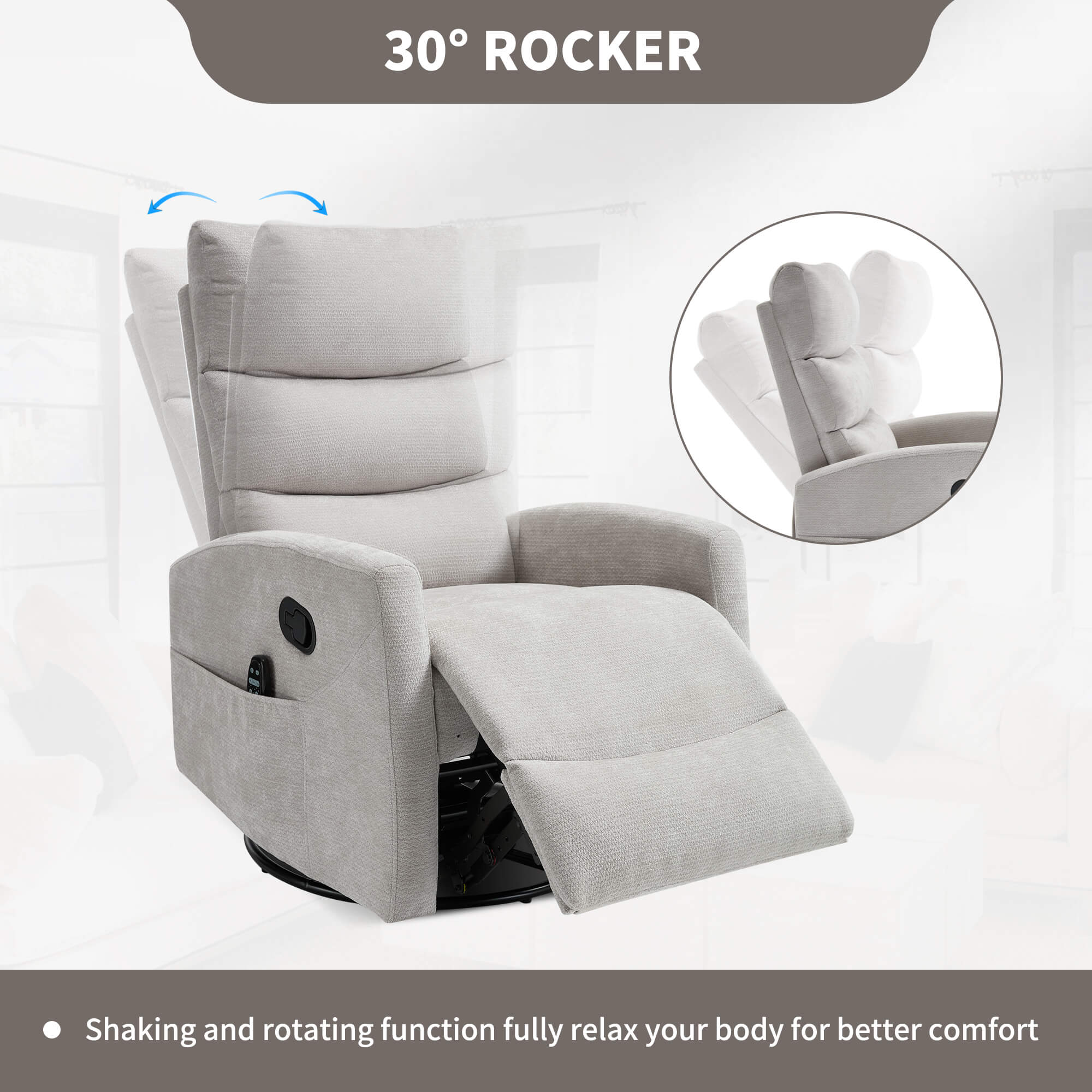 Modern Chenille Heat Massage Rocker Swivel Recliner Chair