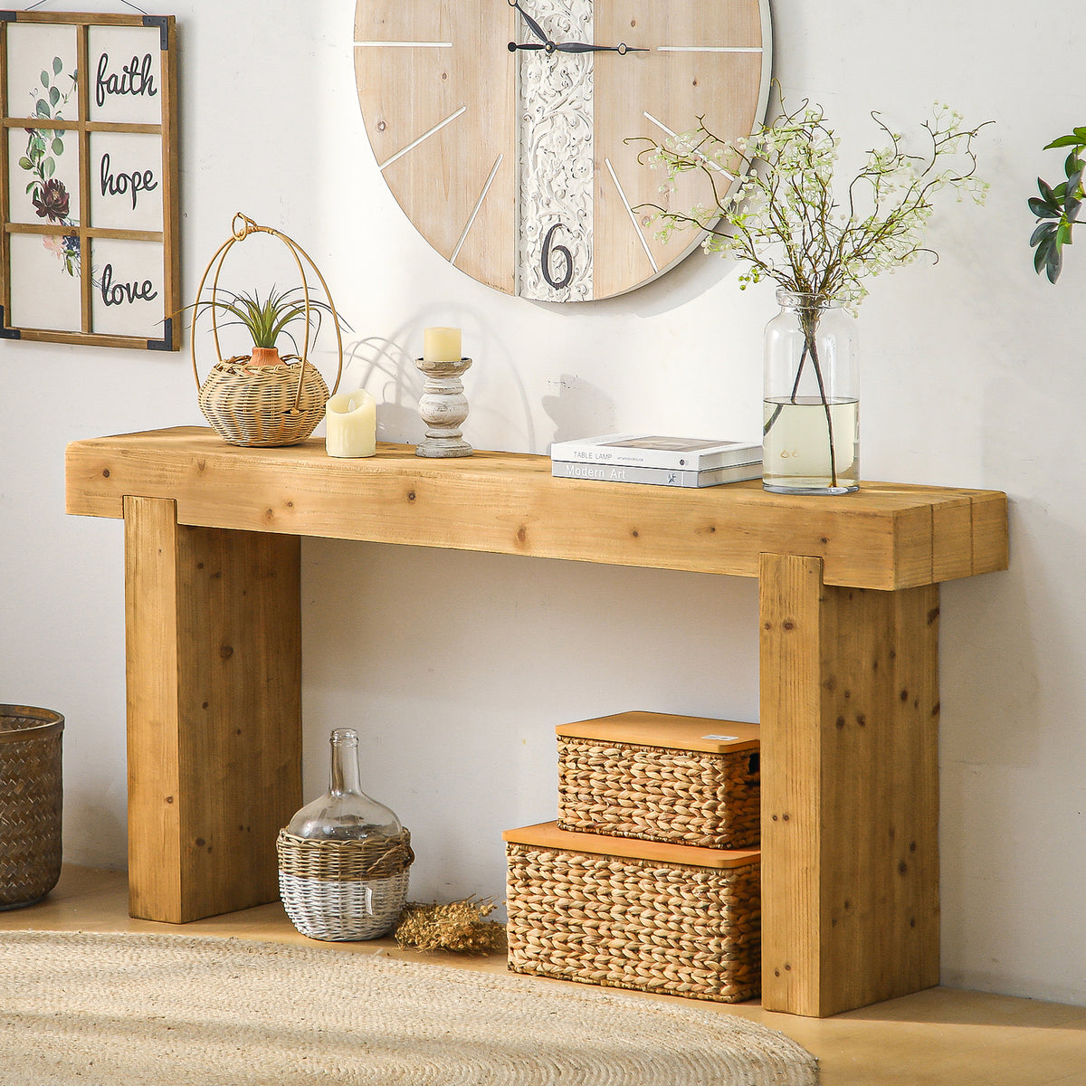 63" Solid Wood Console Table, Natural Rustic Farmhouse