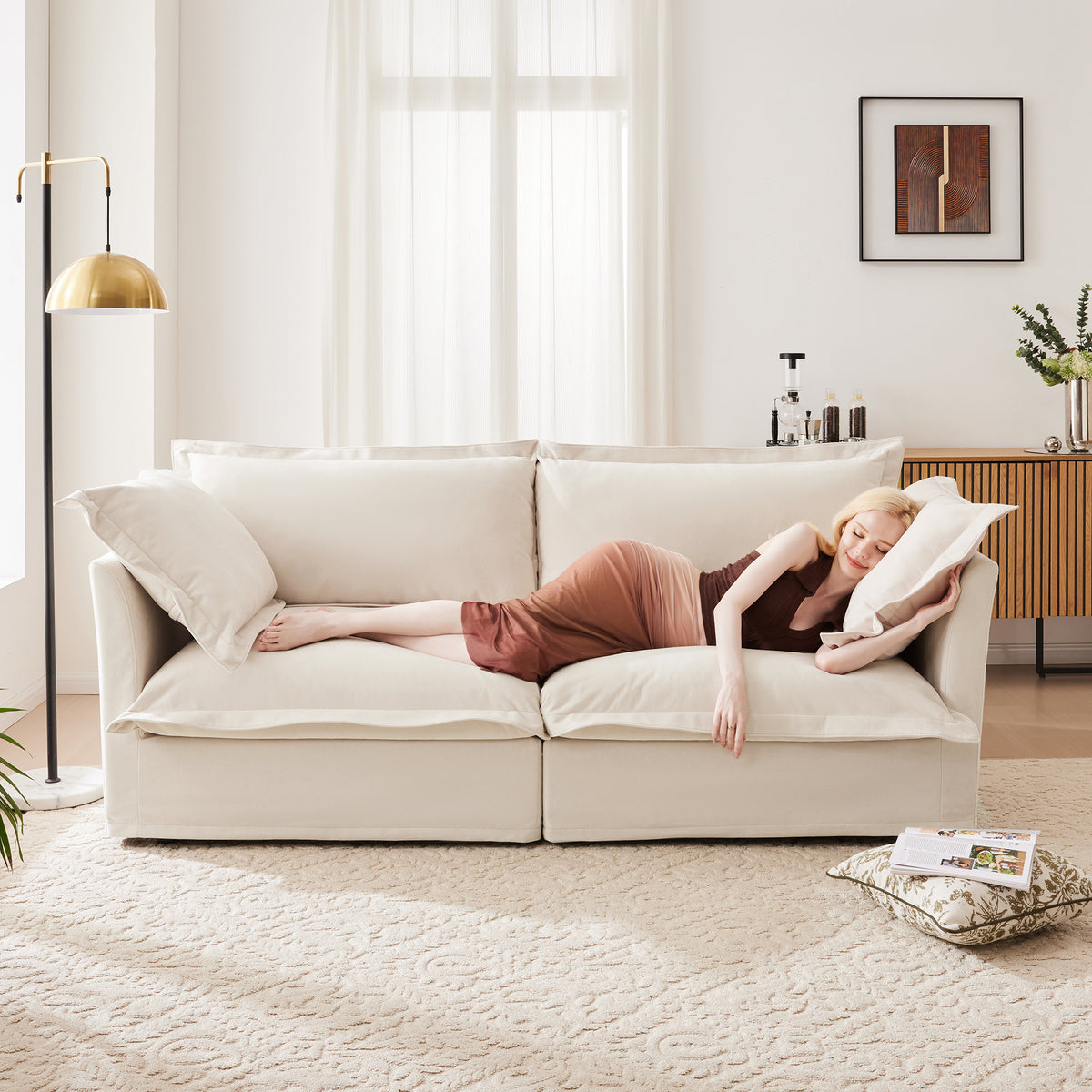84"L Cream Chenille Deep Seat Slipcovered 2-Seat Sofa