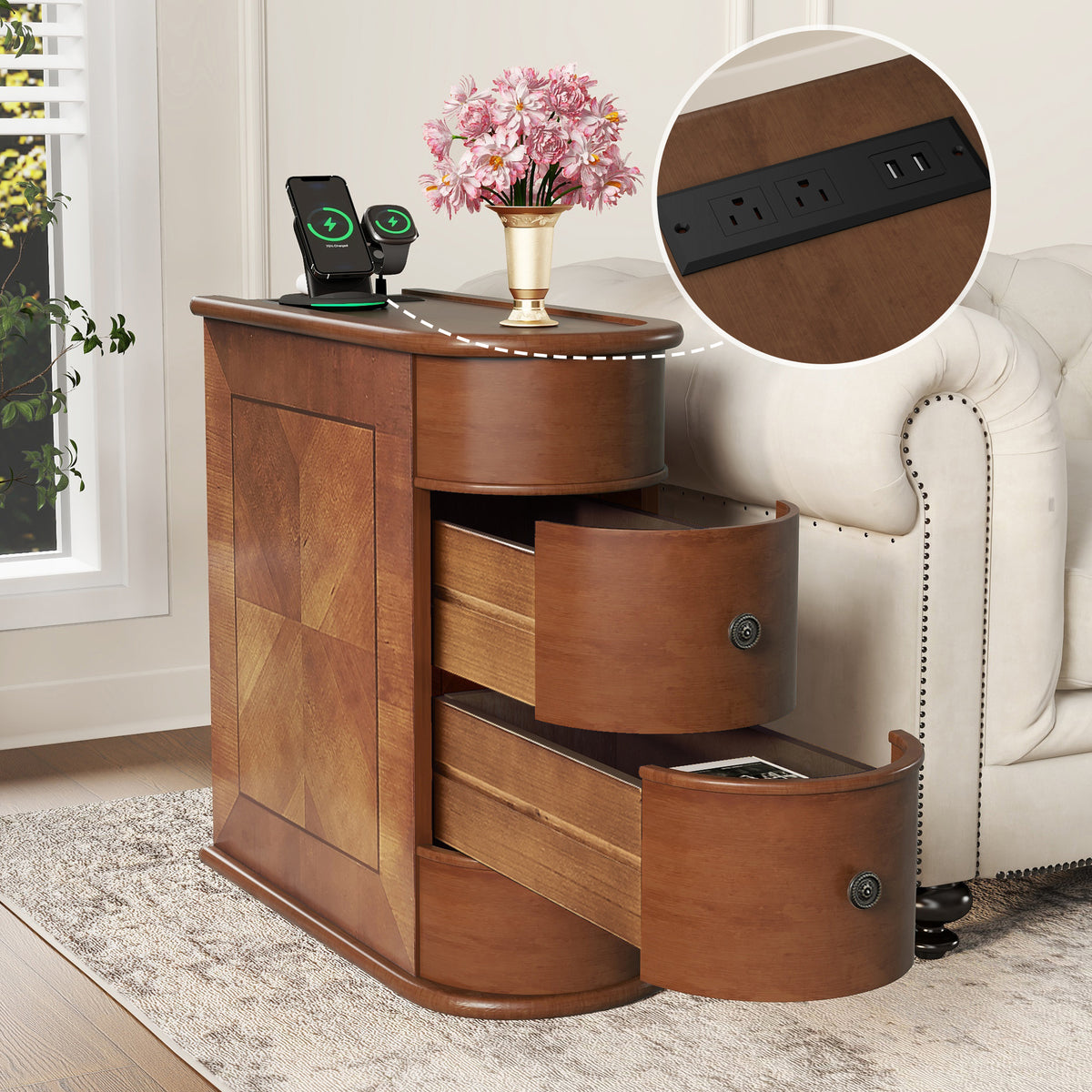 Narrow End Table with Charging Station and Drawers