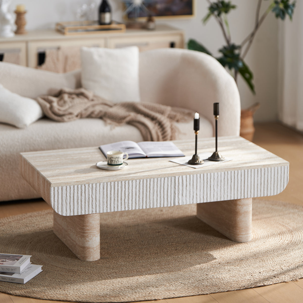 47" Coffee Table with Faux Marble Top & Fluted Drawer