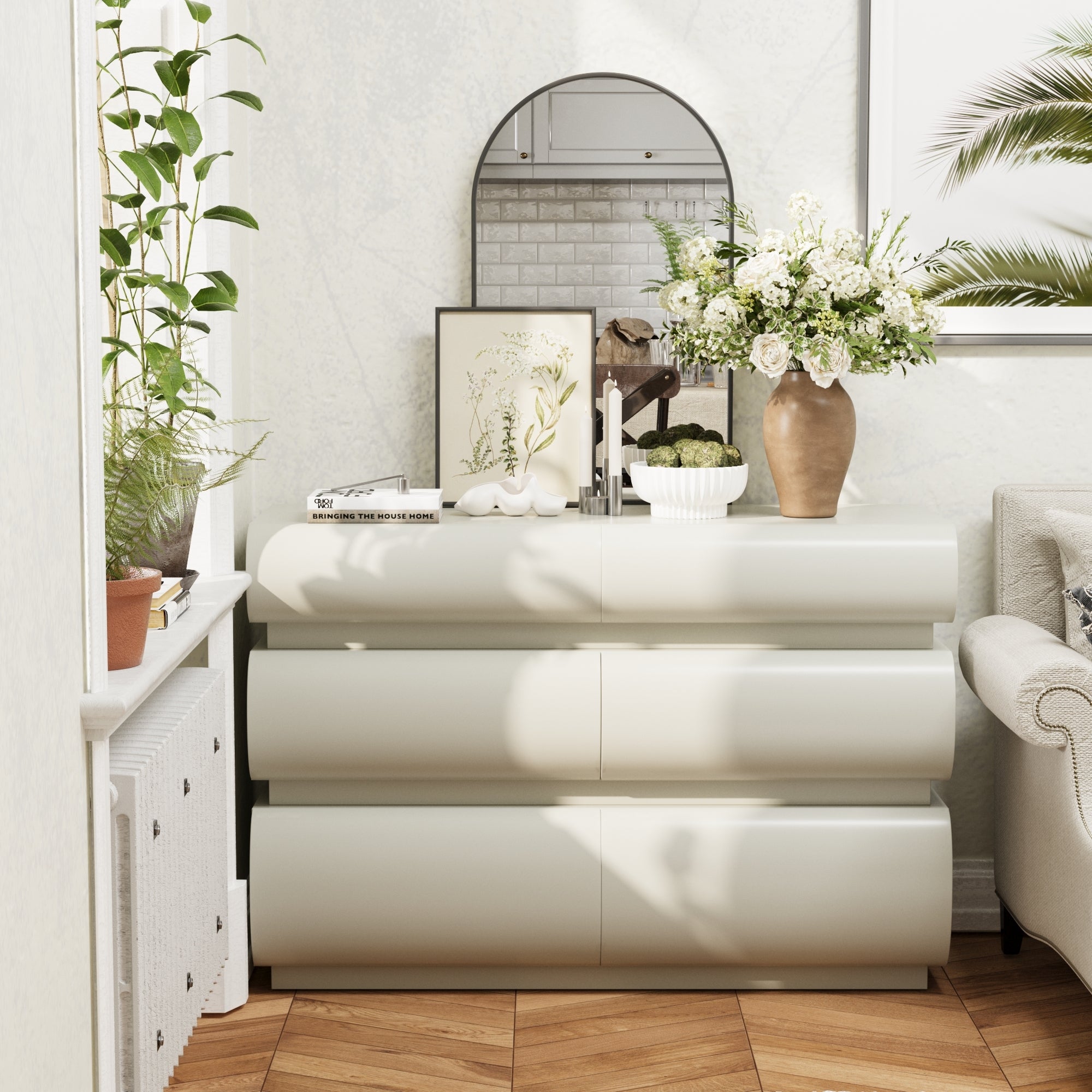 6 Drawer Dresser for Bedroom, White Dresser No Handle, Modern 6 Chest of Drawers with Wide Storage