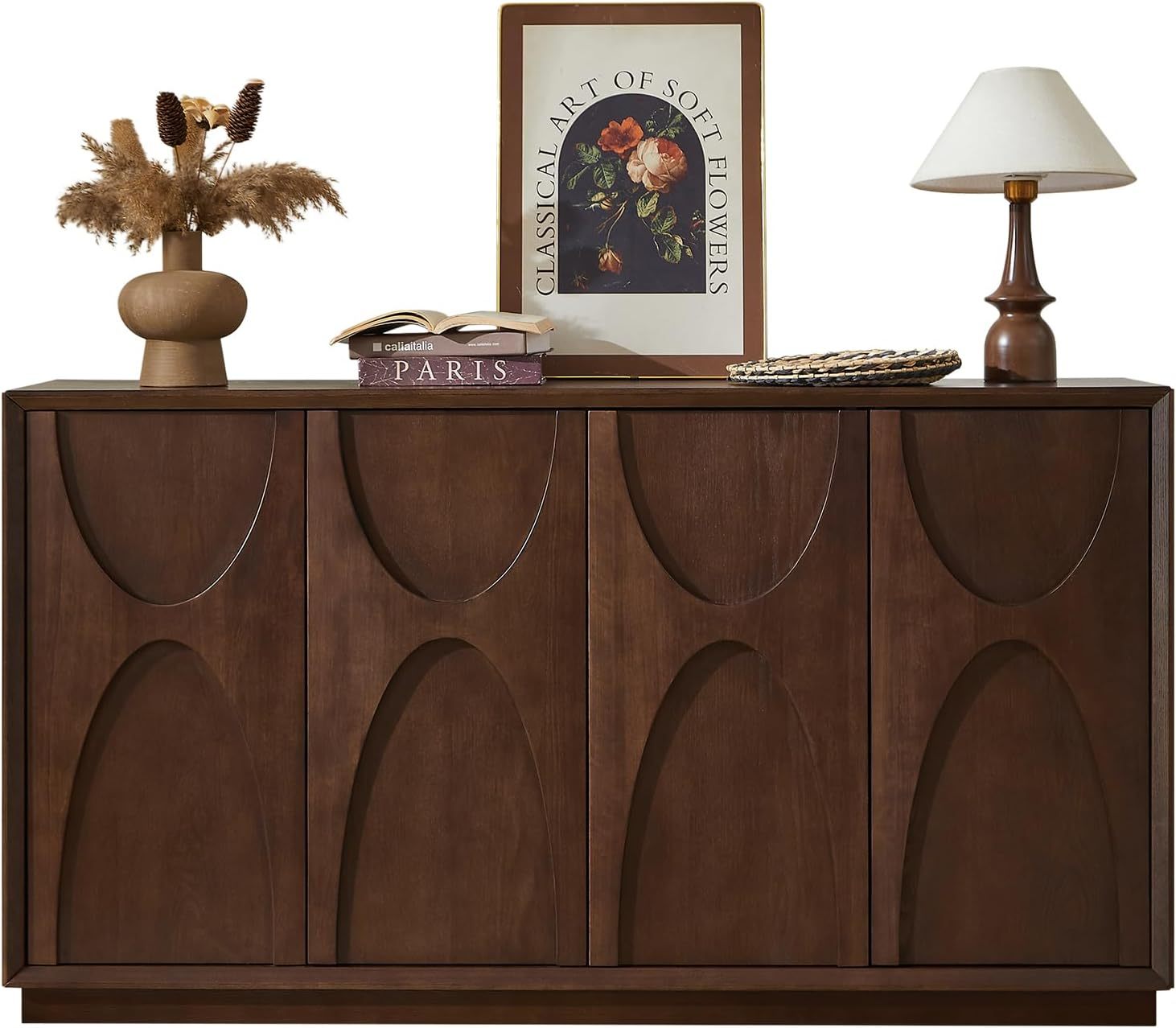 4-Door Carved Wood Push-to-Open Storage Sideboard Cabinet