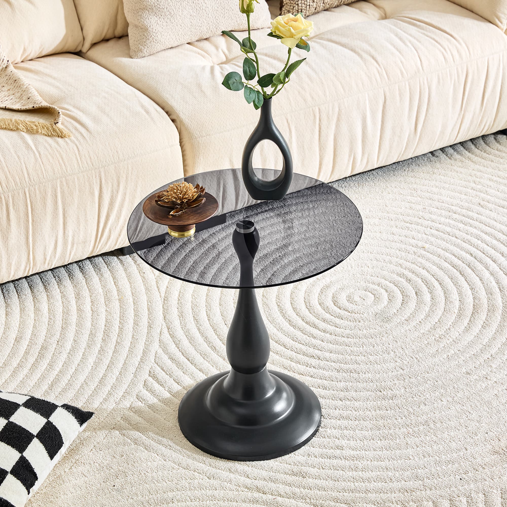 Modern 20 Inch Round Glass Side Table Metal End Table for Living Room