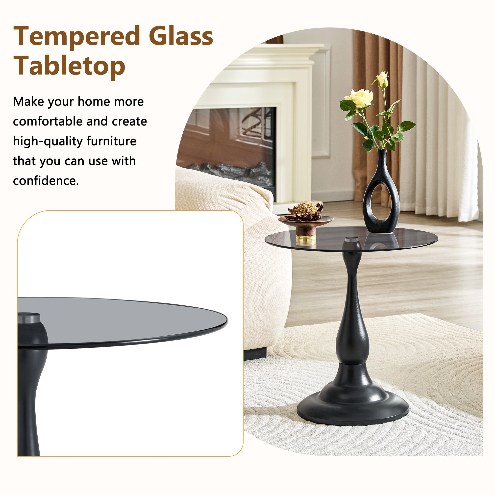 Modern 20 Inch Round Glass Side Table Metal End Table for Living Room