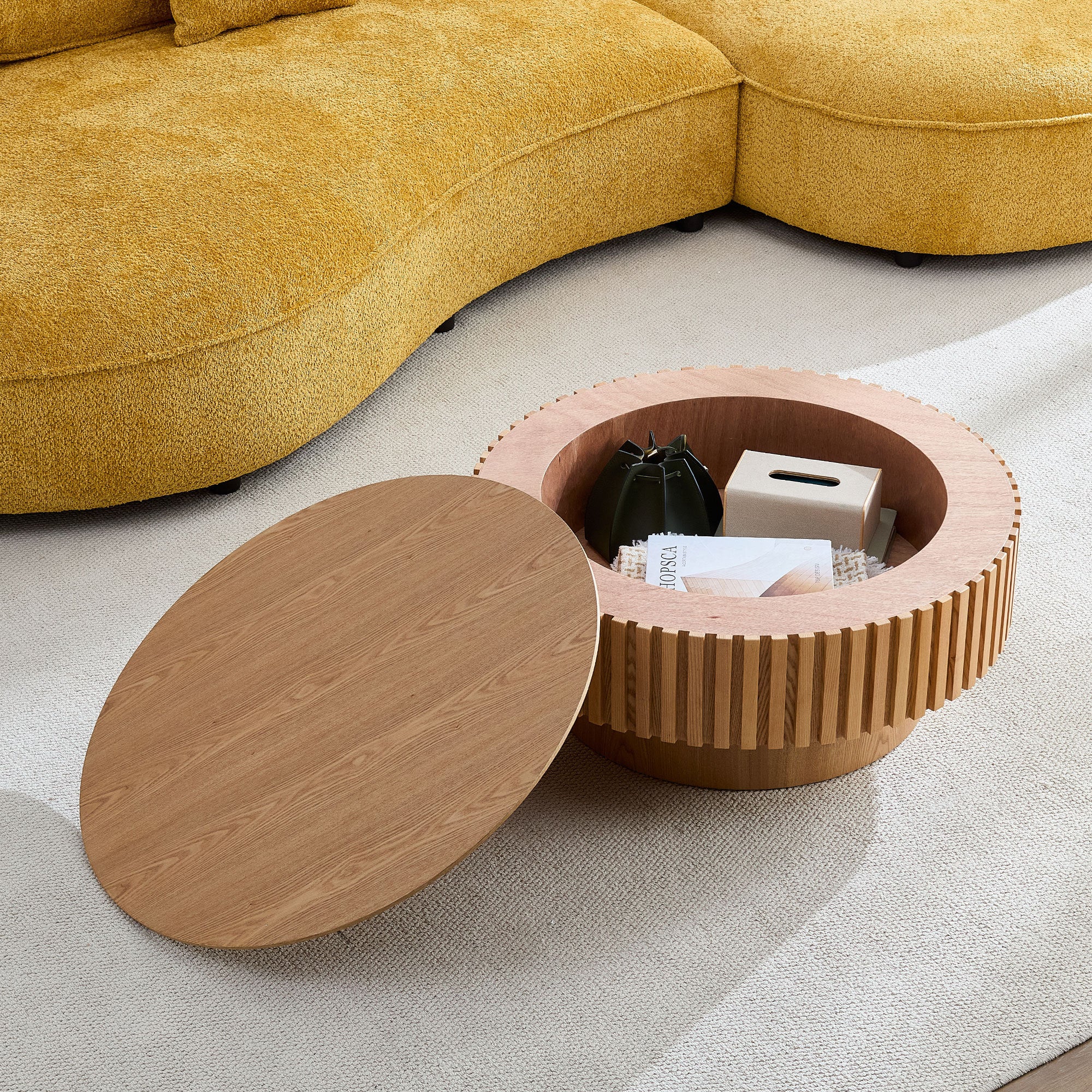 31.5" Modern Wood Coffee Table with Fluted Sides & Storage