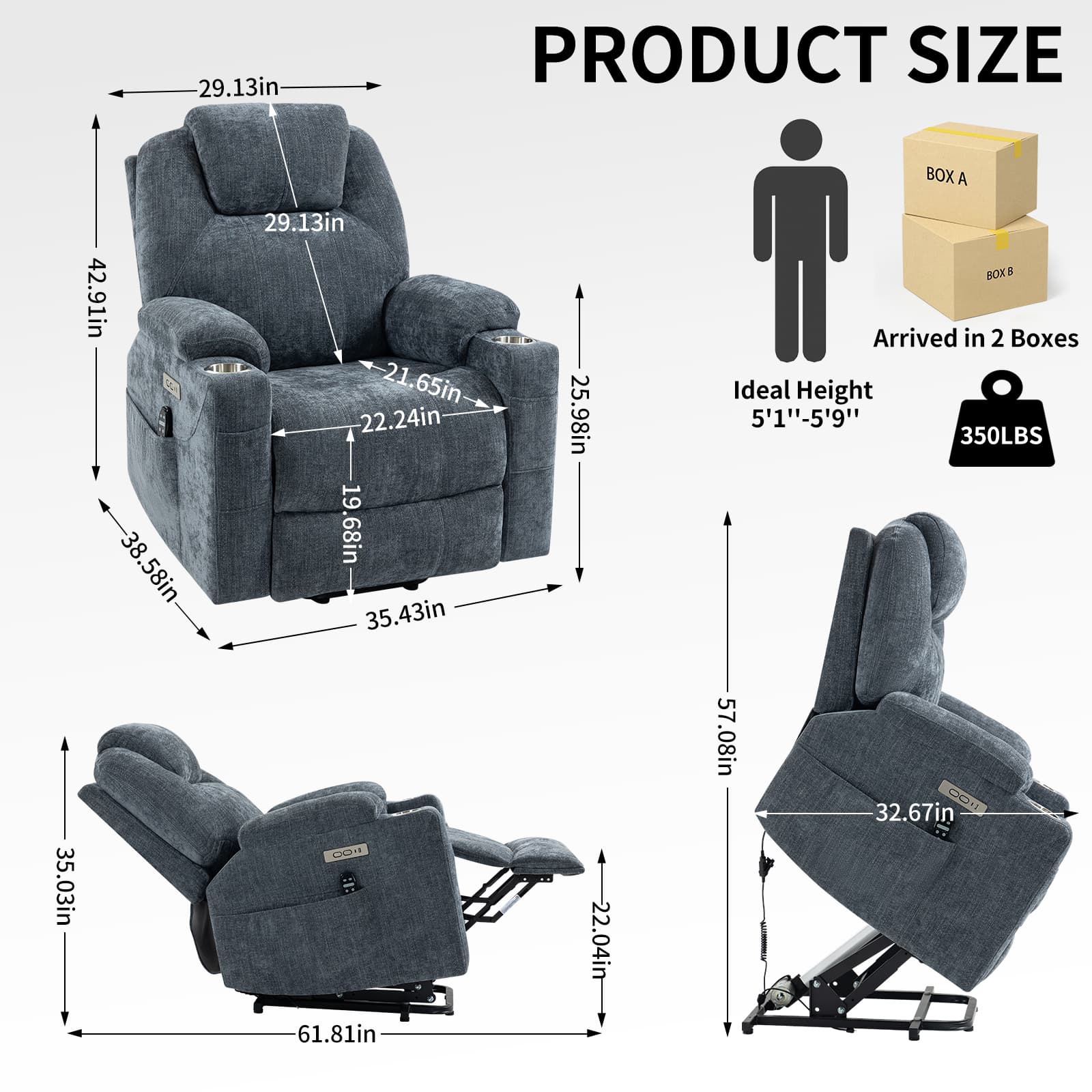 Power Lift Electric Massage Heat USB Recliner Chair