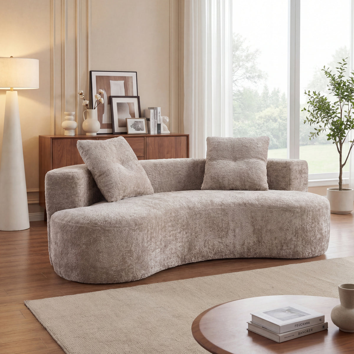 80"  Fur Boneless Floor Boucle Cloud Sofa with 2 Pillows