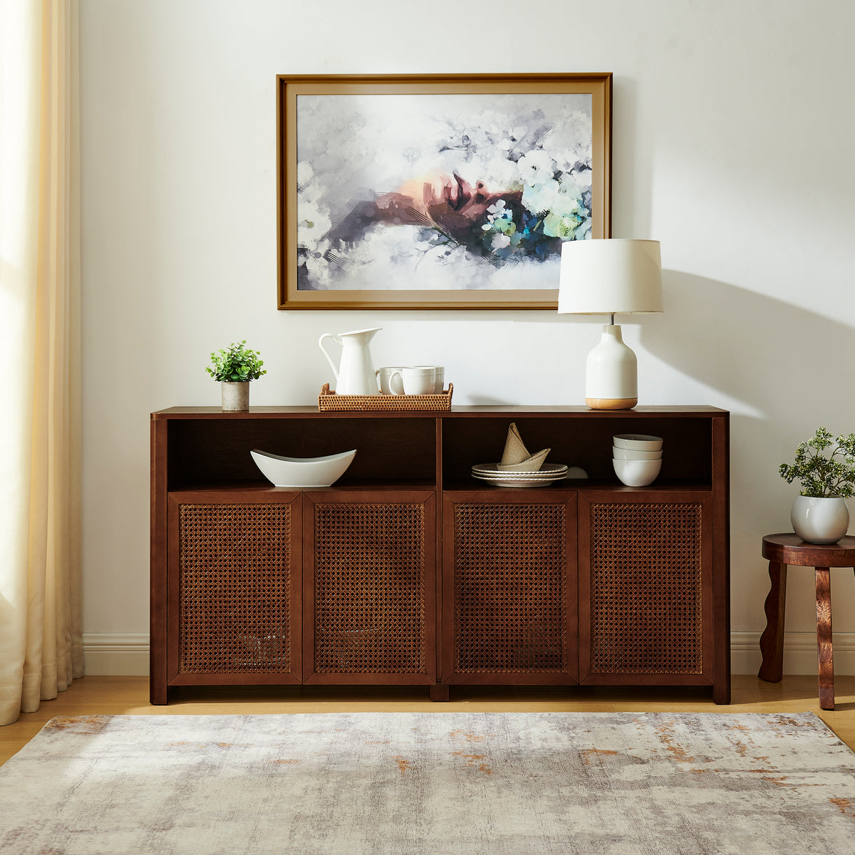 63" Walnut Rattan Sideboard Buffet Cabinet with 4 Doors