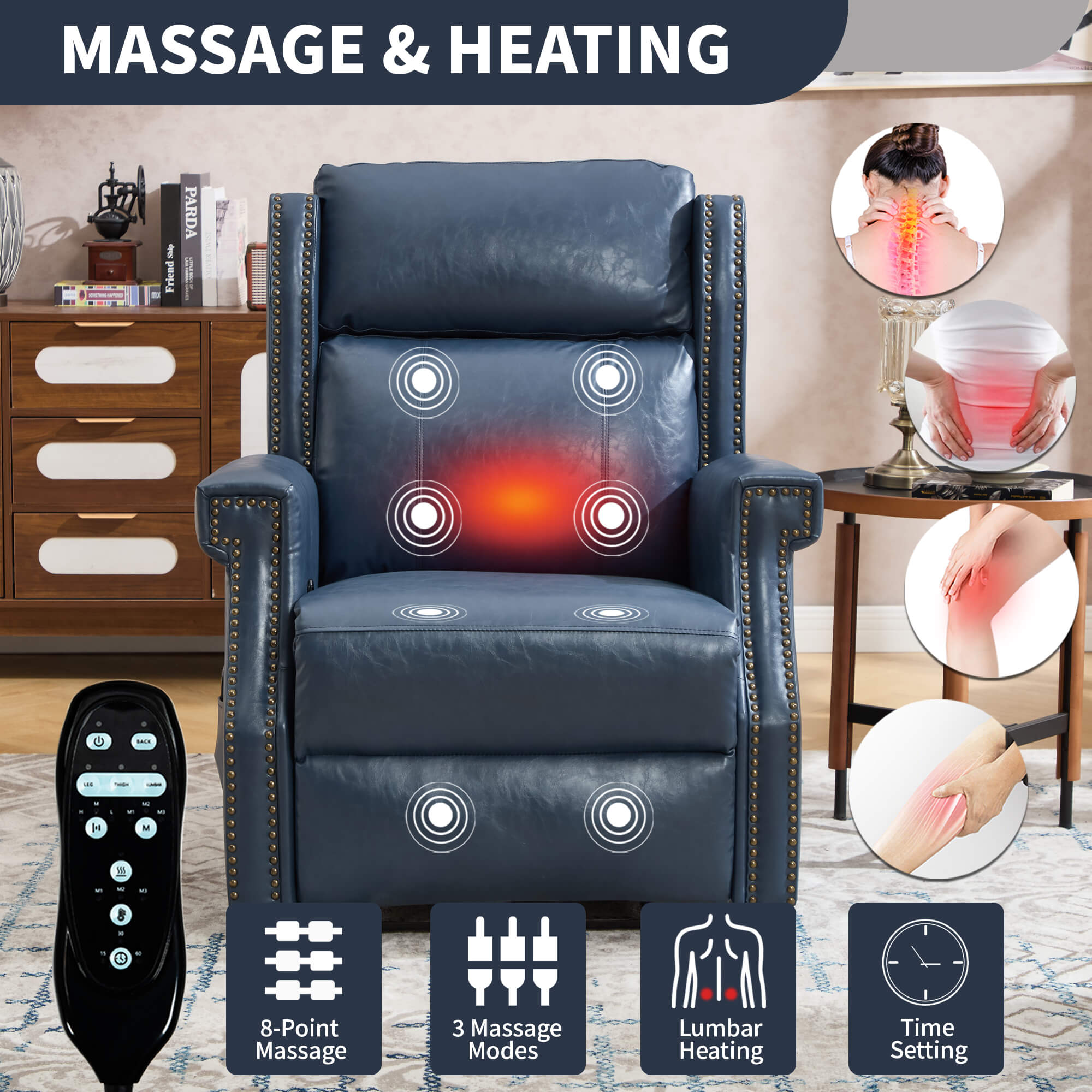 Waxed Faux Leather Massage Heat Modern Manual Recliner Chair
