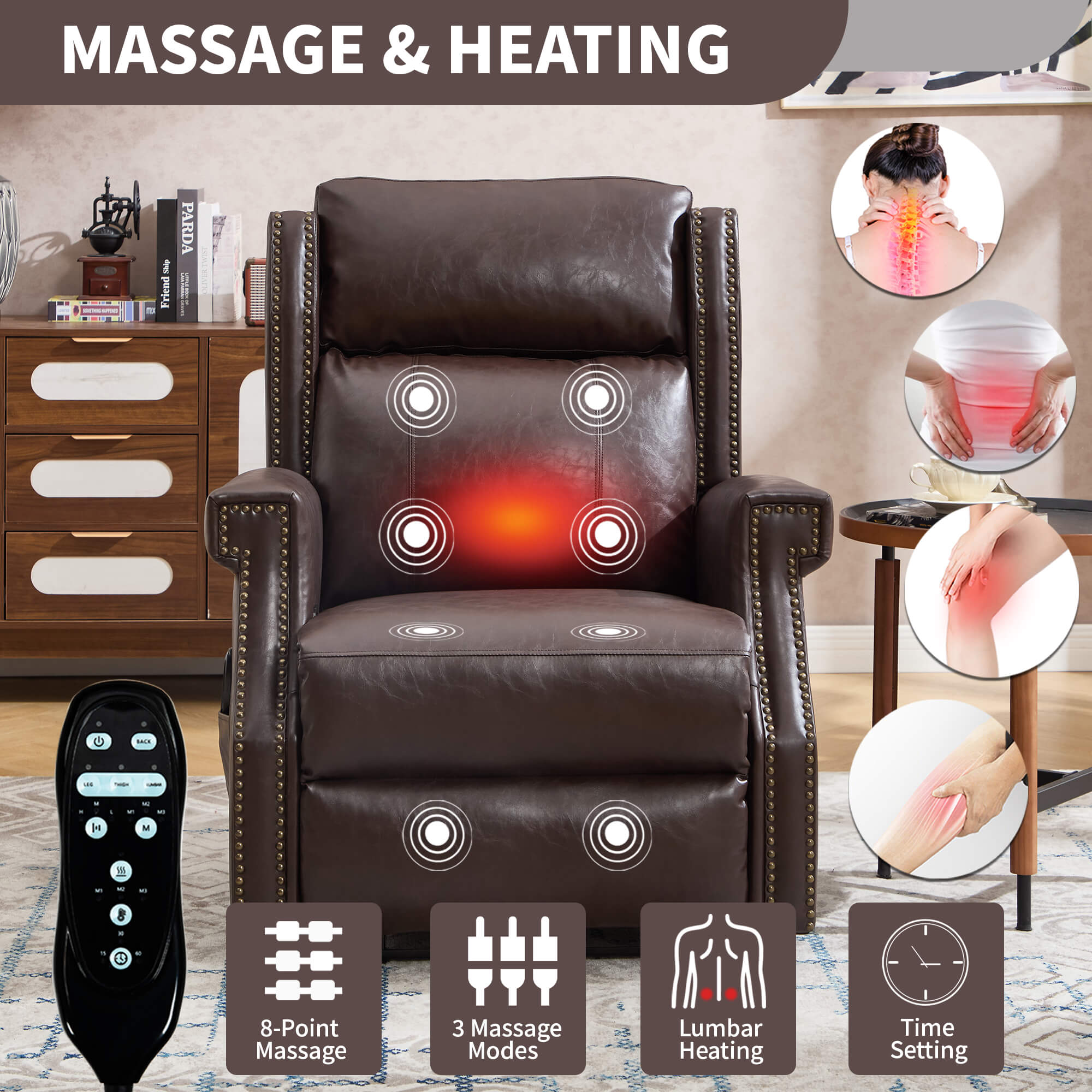 Waxed Faux Leather Massage Heat Modern Manual Recliner Chair