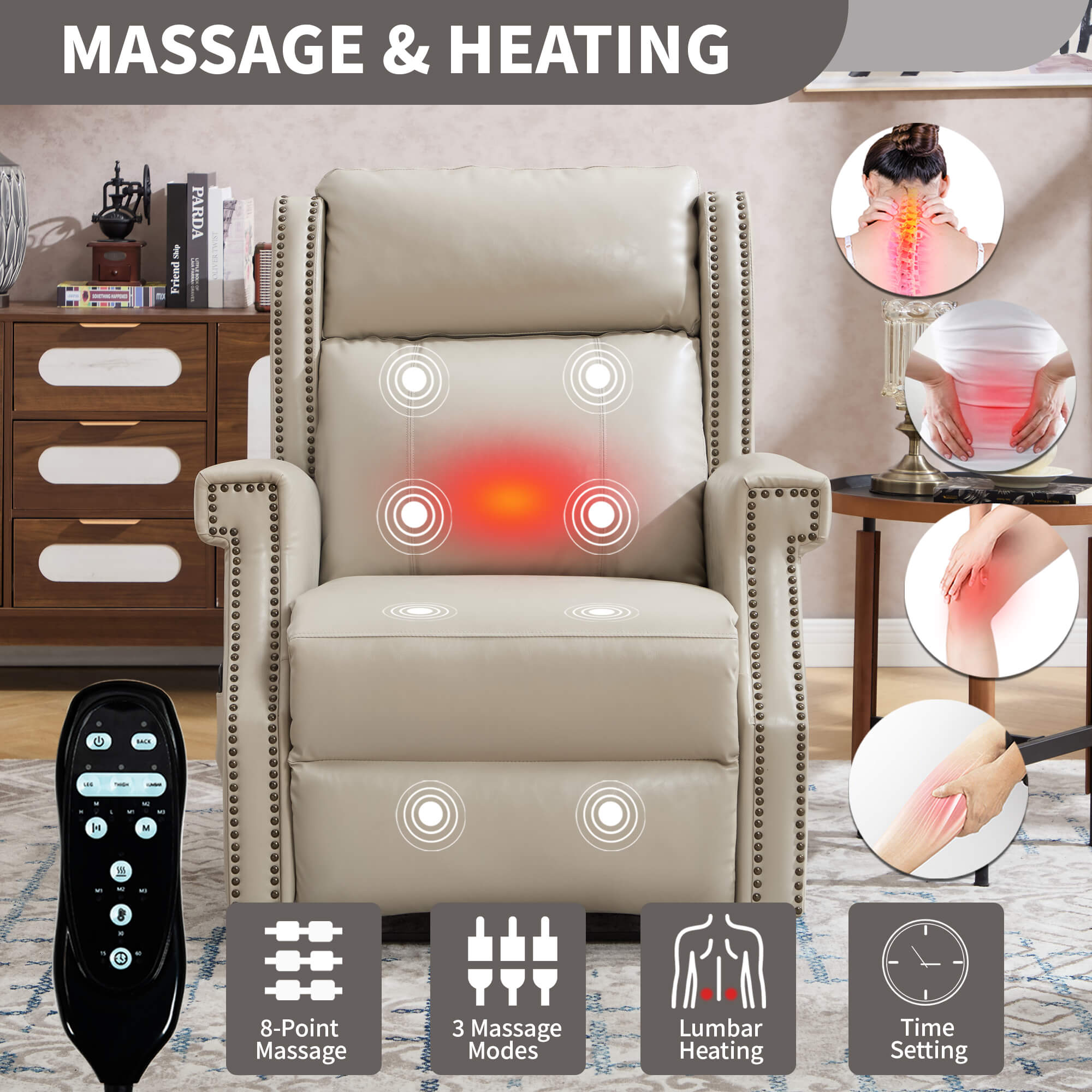 Waxed Faux Leather Massage Heat Modern Manual Recliner Chair