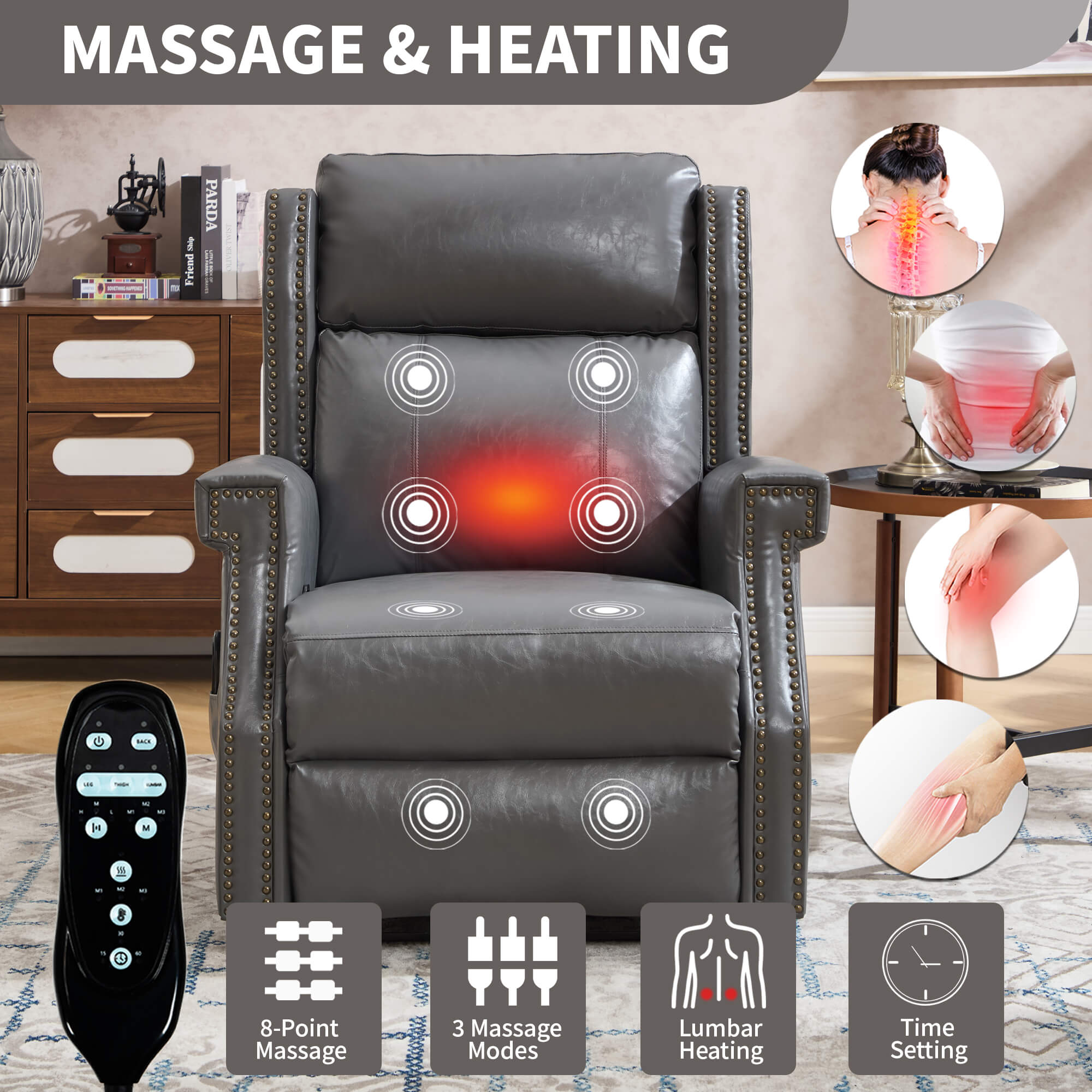 Waxed Faux Leather Massage Heat Modern Manual Recliner Chair
