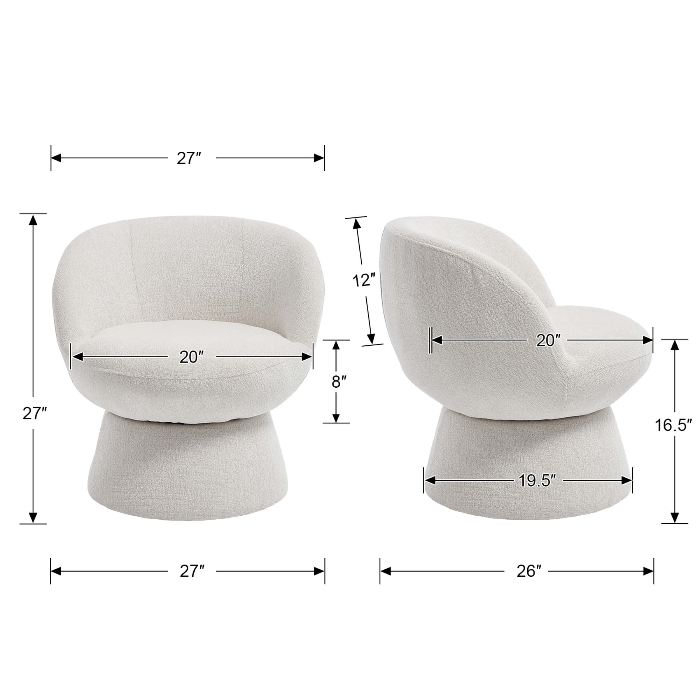 Dimensions diagram of swivel chair from two angles