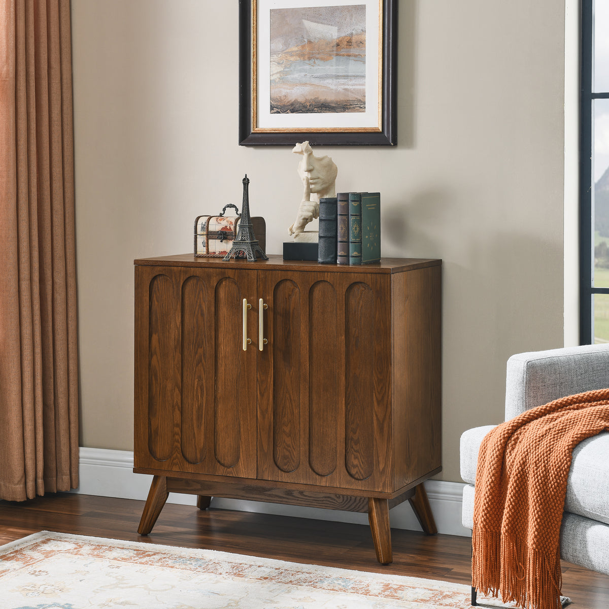 32" Walnut Fluted Sideboard Cabinet with Adjustable Shelves