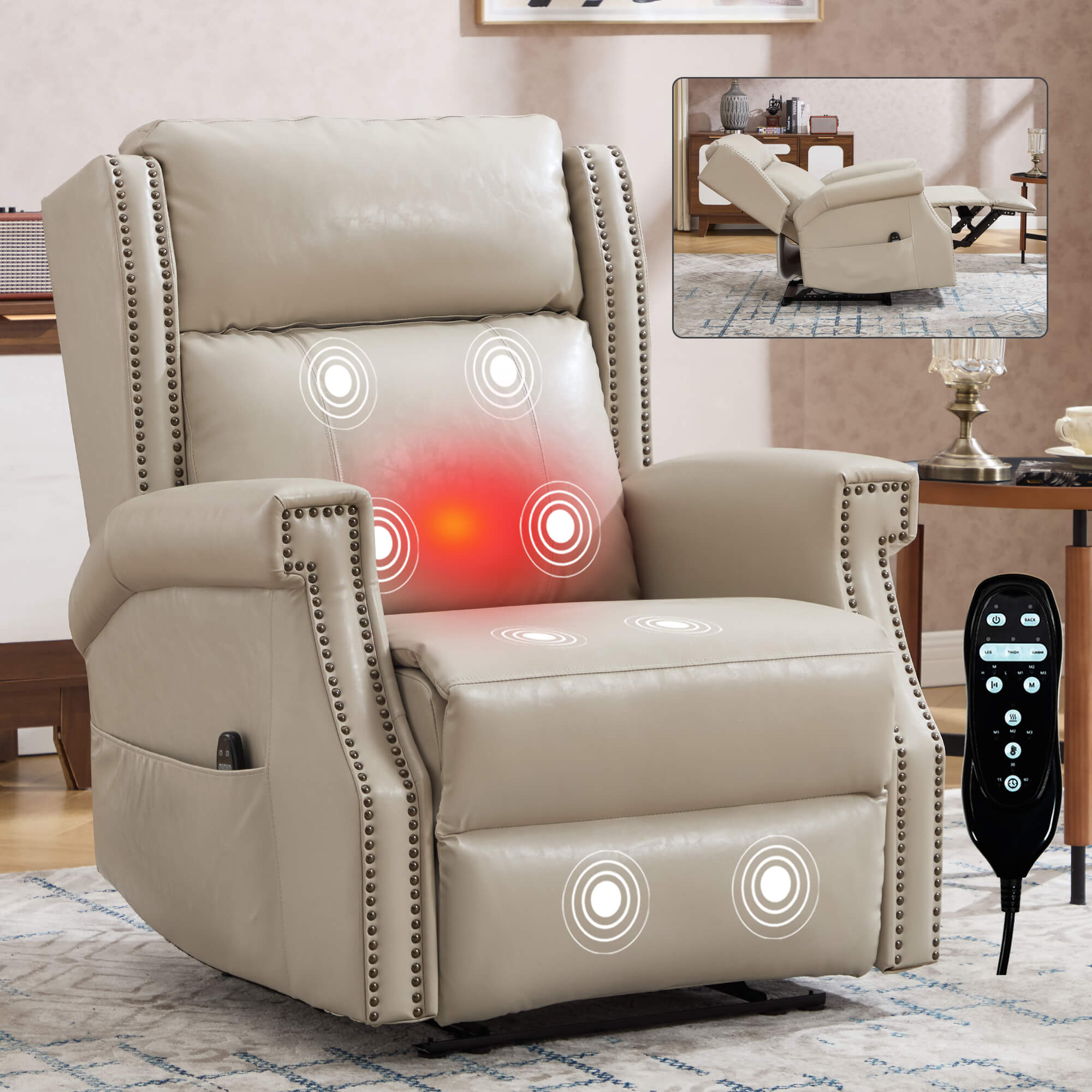 Waxed Faux Leather Massage Heat Modern Manual Recliner Chair