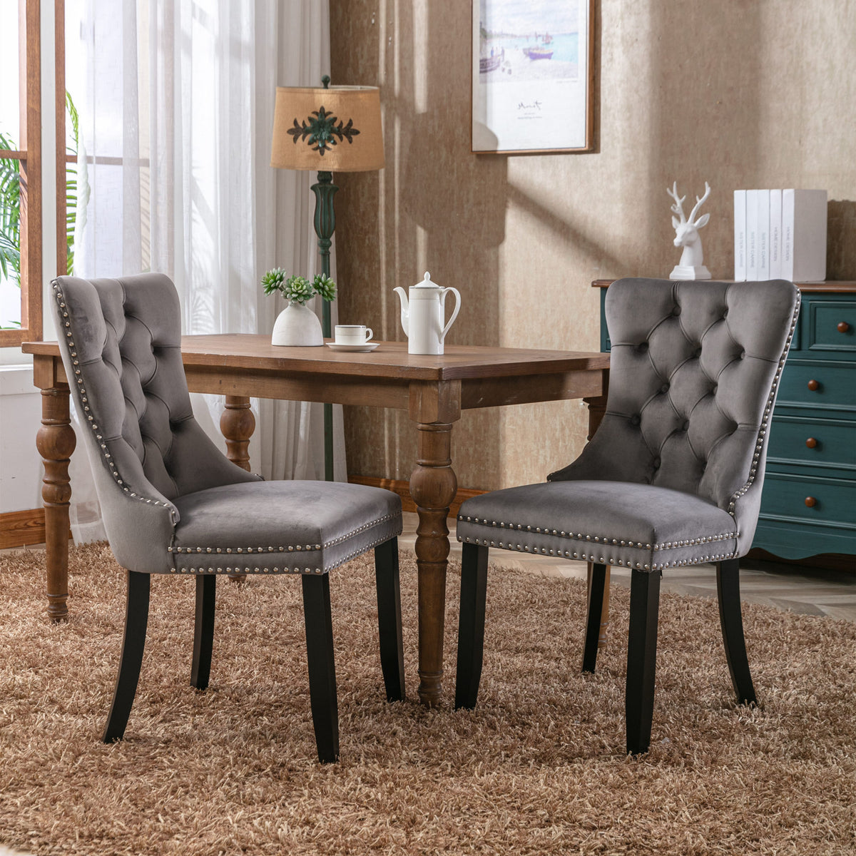 Tufted Upholstered Dining Chairs with Nailhead Trim Set of 2