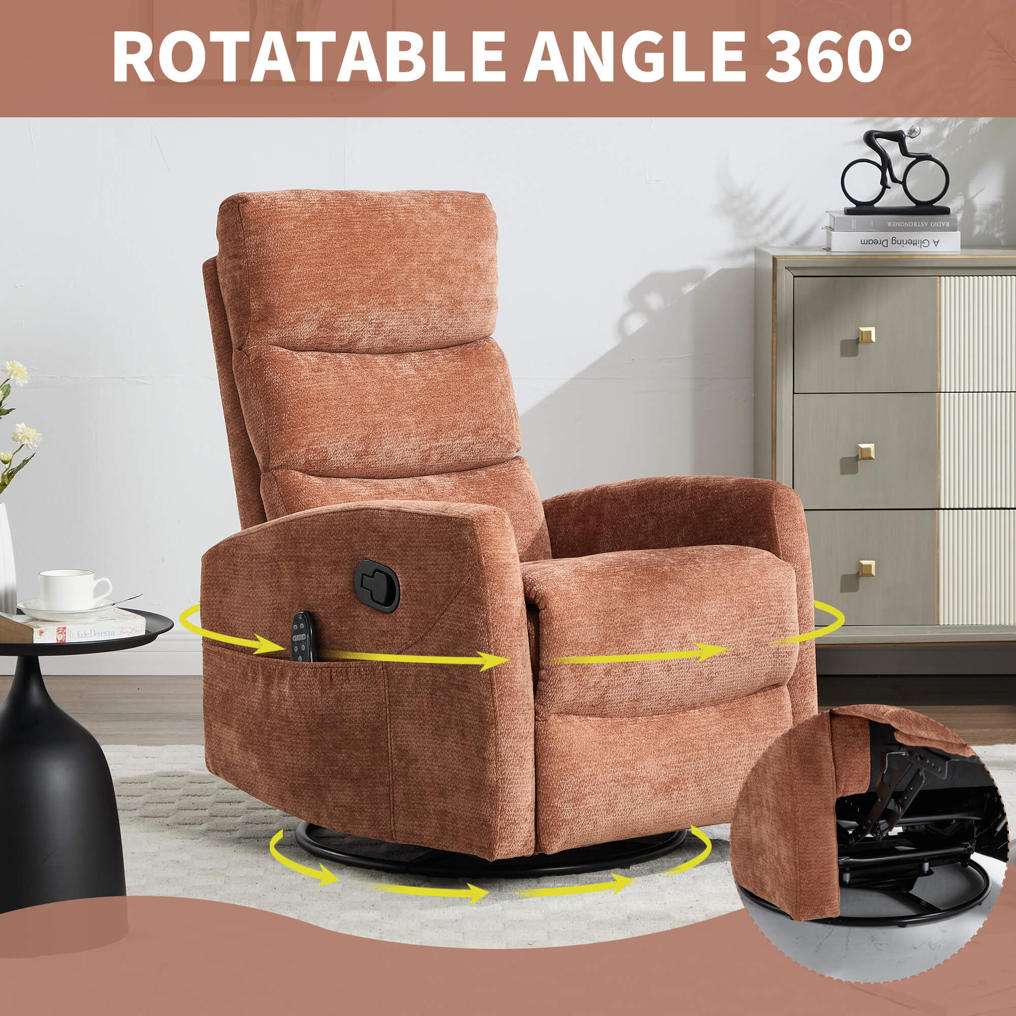 Modern Chenille Heat Massage Rocker Swivel Recliner Chair