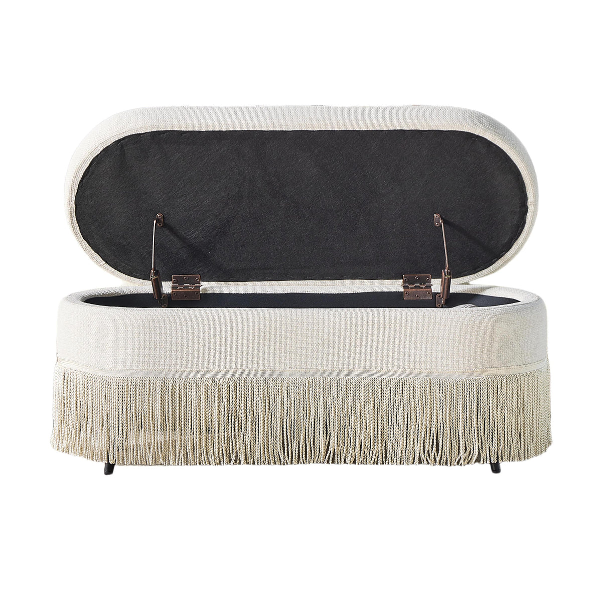 40" Beige Upholstered Lift-Top Metal Leg Storage Bench