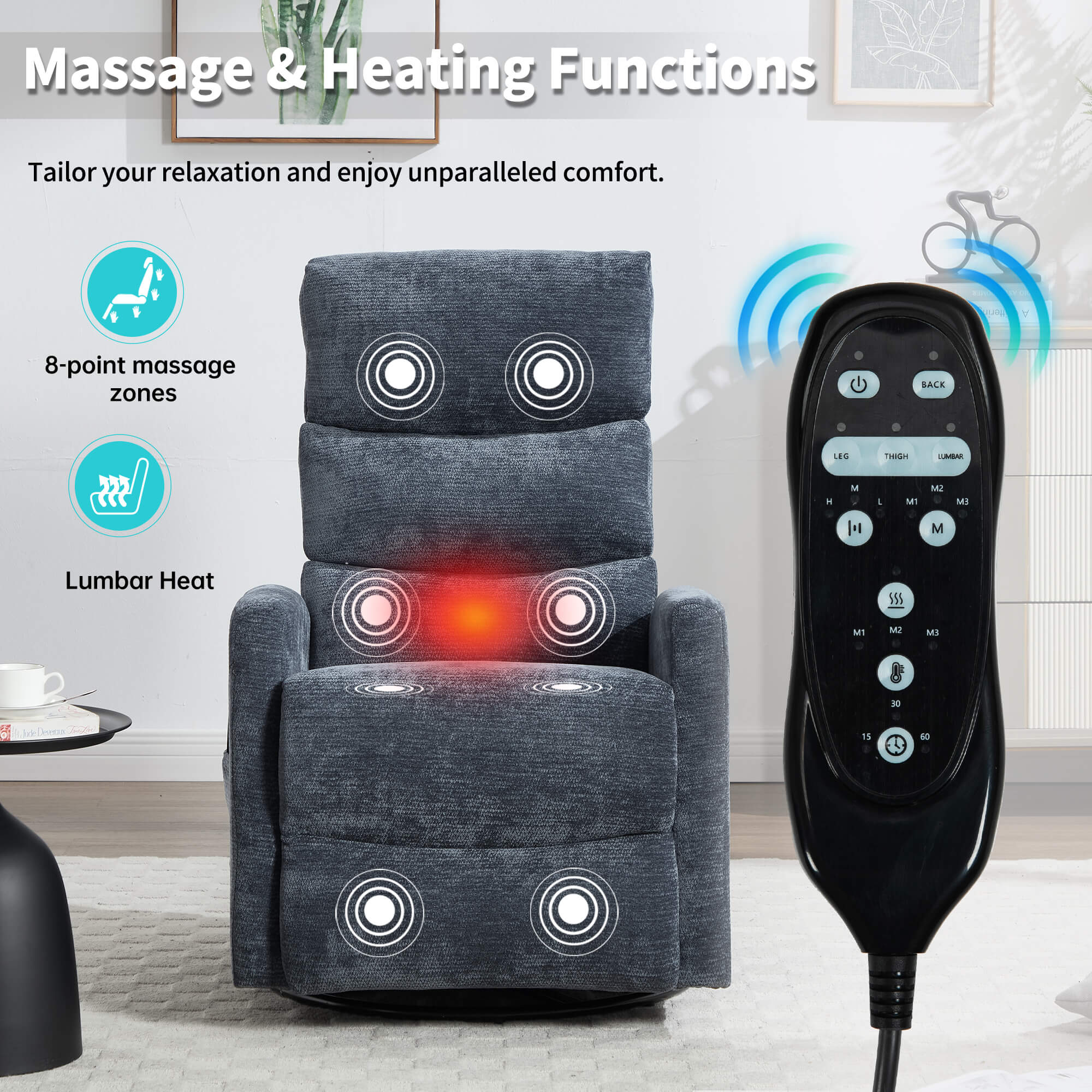 Modern Chenille Heat Massage Rocker Swivel Recliner Chair