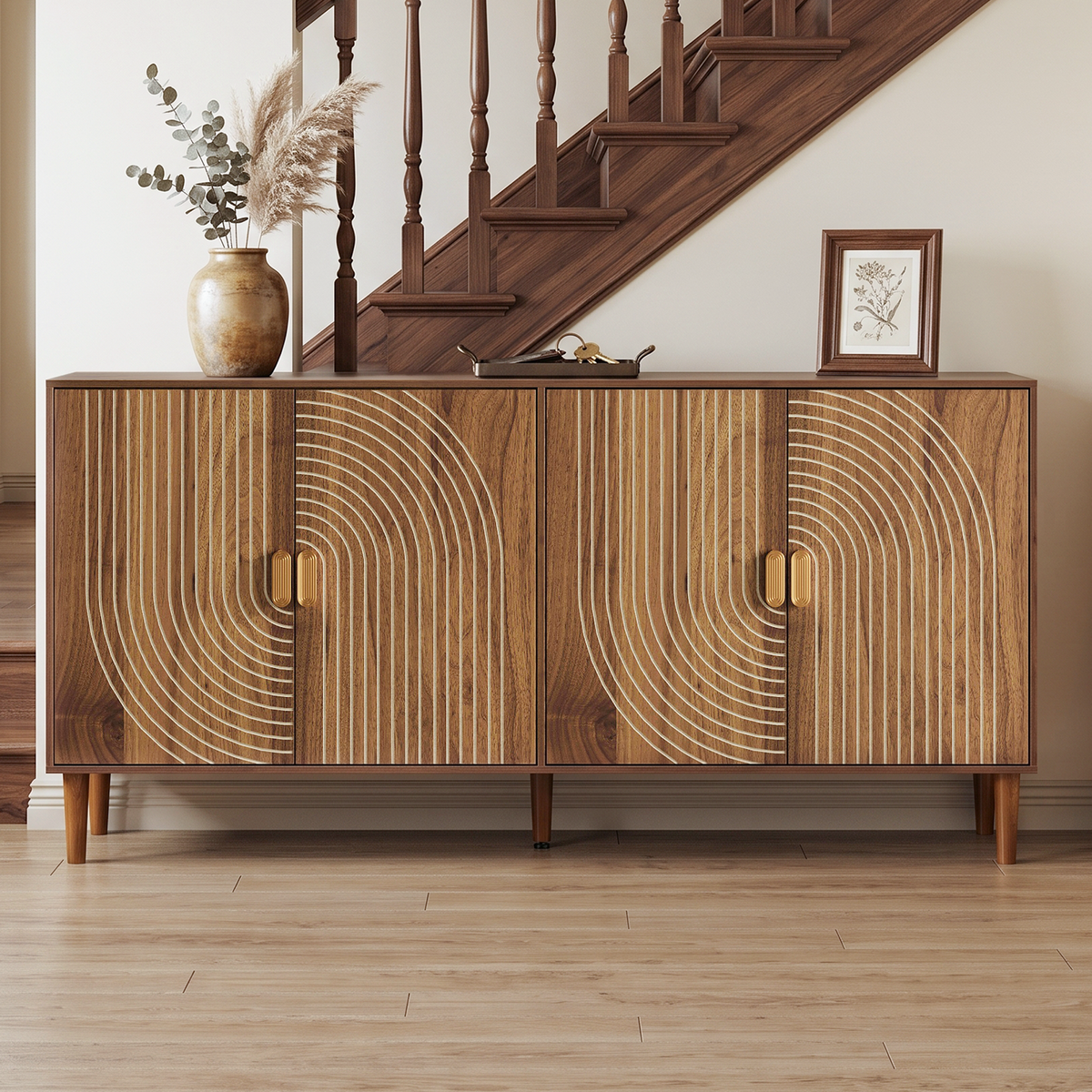 Mid-Century Modern Arch Grooved Sideboard with Adjustable Shelves