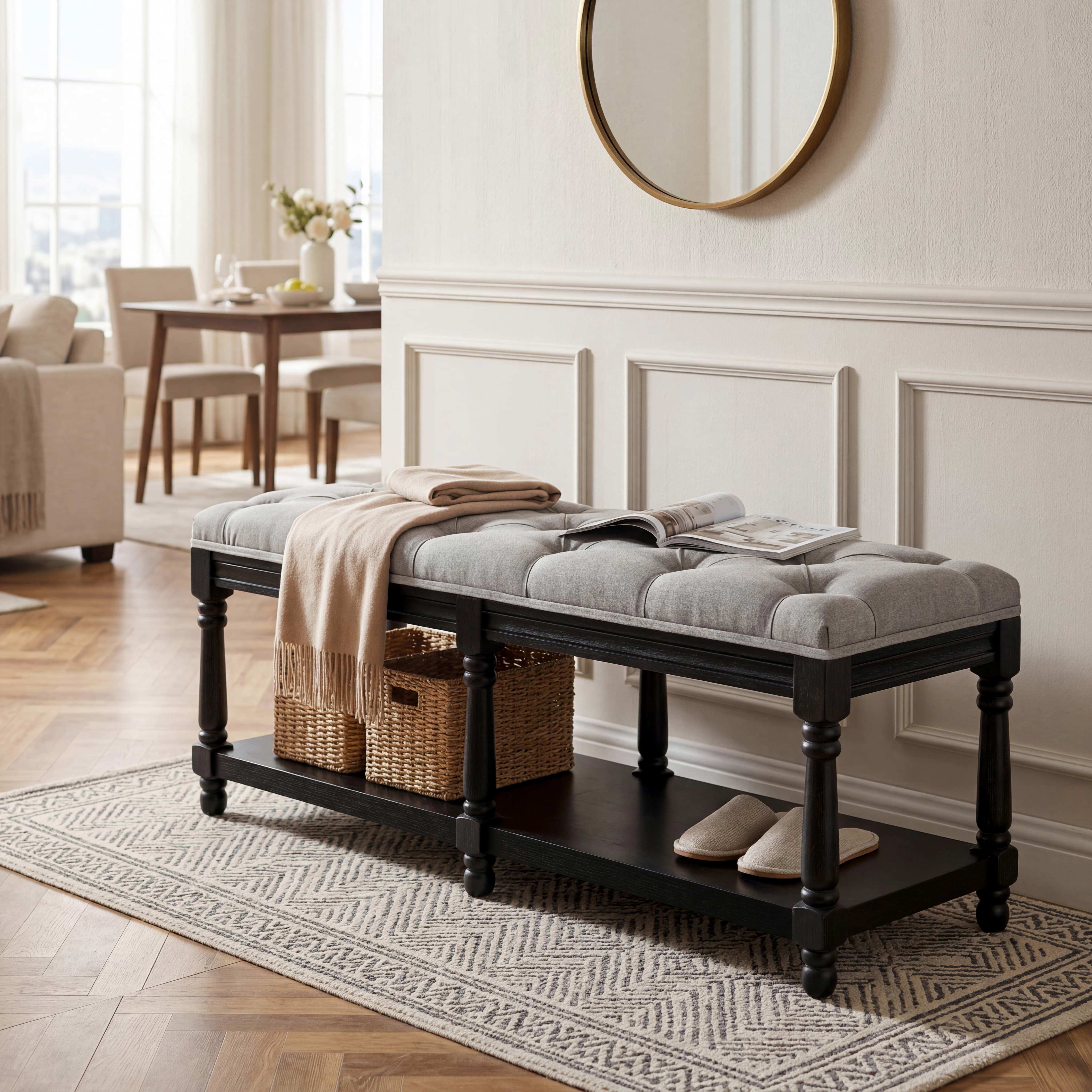 Mid Century Tufted Linen Upholstered Storage Bench - 2204BH