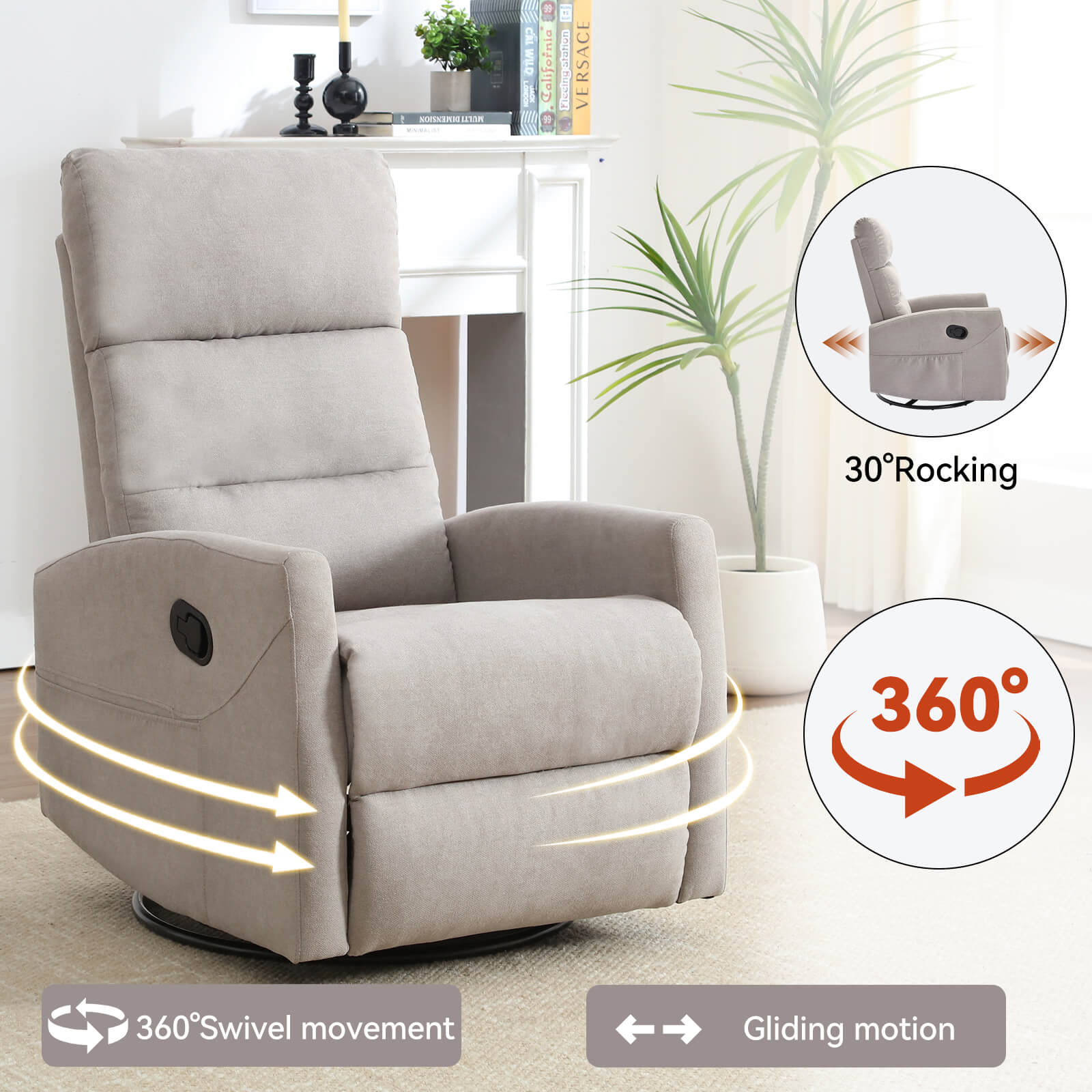 Modern Polyester Fabric Manual 360 Swivel Rocker Recliner Chair