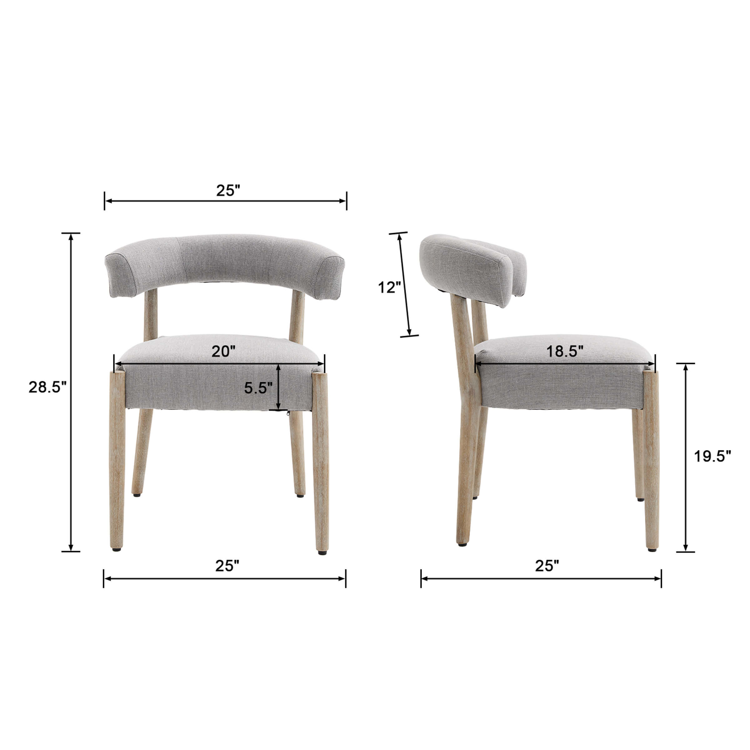 Dimensions of chairs in front and side view