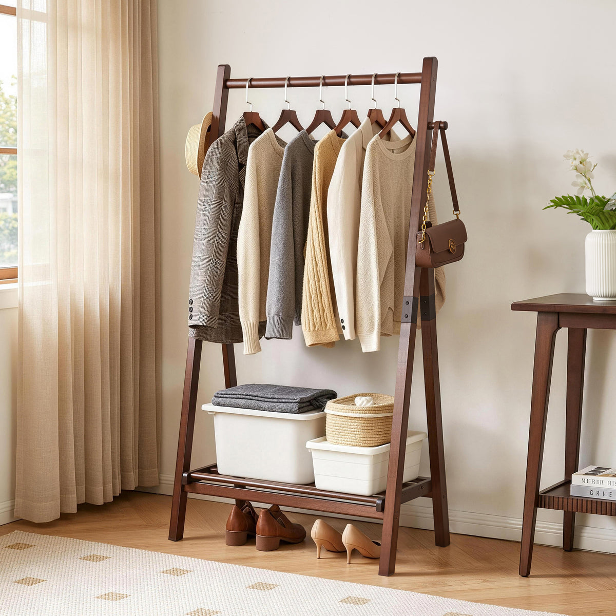 Foldable A-Shaped Solid Pine Clothes Rack with Shelf and Hooks